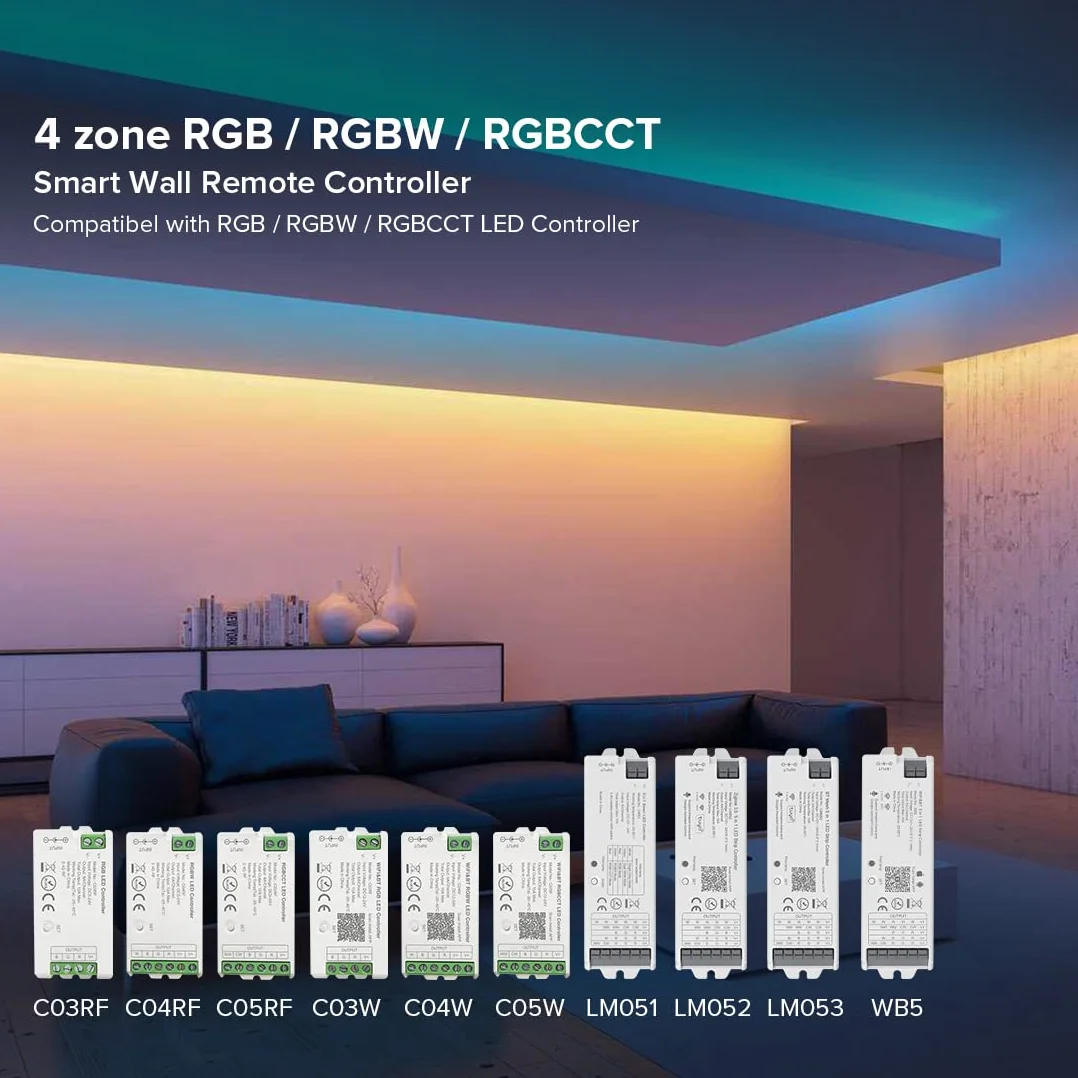 BTF-LIGHTING WR01RF Wireless 2.4G RF 4 Strefa RGB RGBW RGBCCT Inteligentny panel montowany na ścianie Zdalne sterowanie zasilane przez 2 baterie AAA 3V Współpracuje z WB5 LM052 LM053 C03RF C04RF C05RF