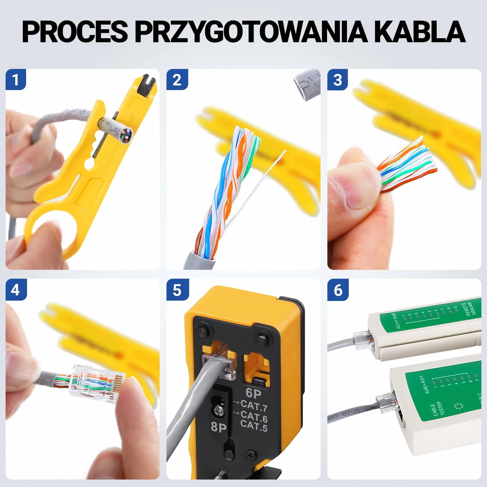 SGILE Zestaw narzędzi zaciskowych RJ45, zestaw narzędzi do Cat5 Cat6 Cat7, narzędzie do ściągania izolacji i cięcia typu pass-through, zestawy konserwacyjne kabli Ethernet, tester kabli, Cat5/6/7, 25