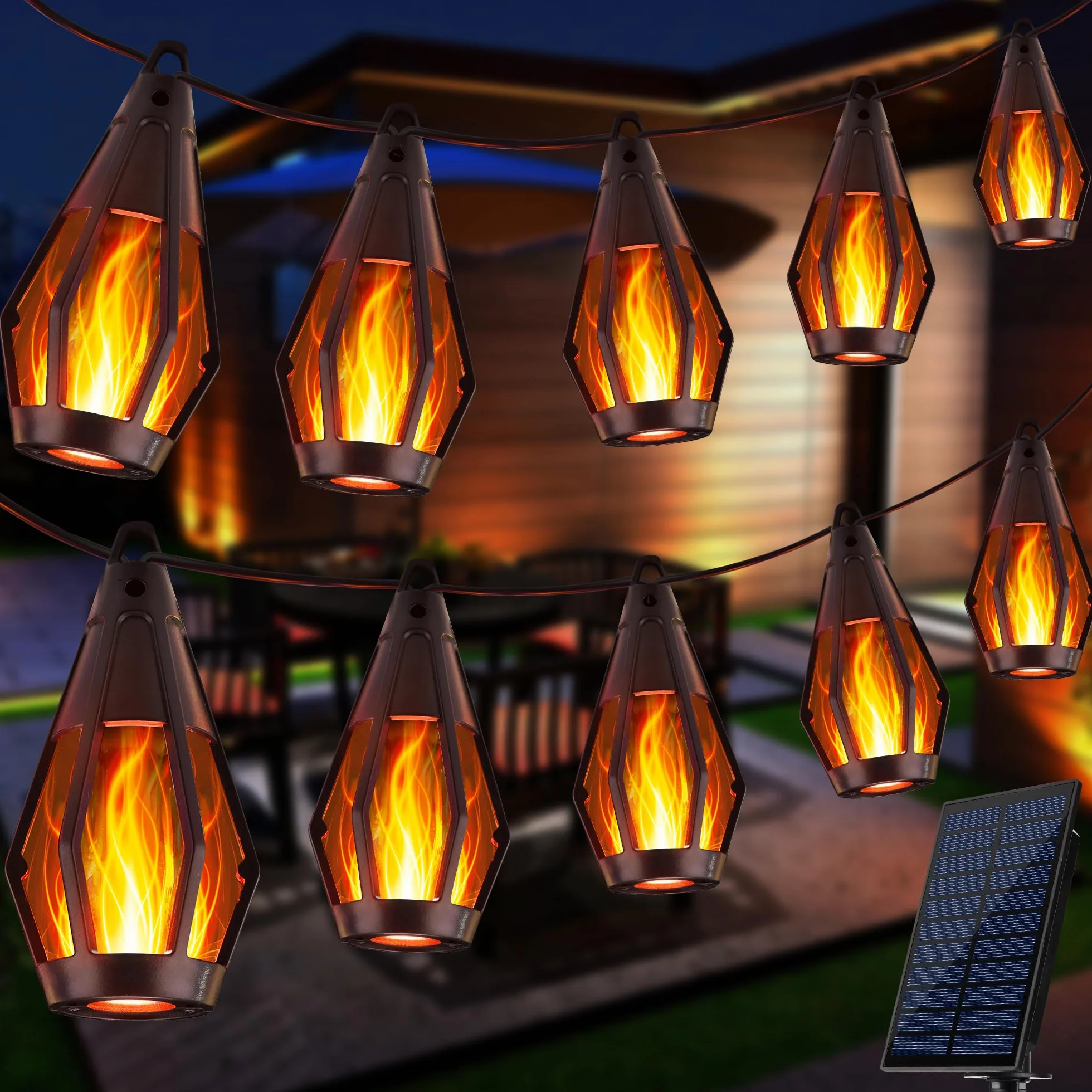 Solarna listwa świetlna z płomieniami, 12,6 m, 15 diod LED, do użytku na zewnątrz, do ogrodu, na taras, dekoracja