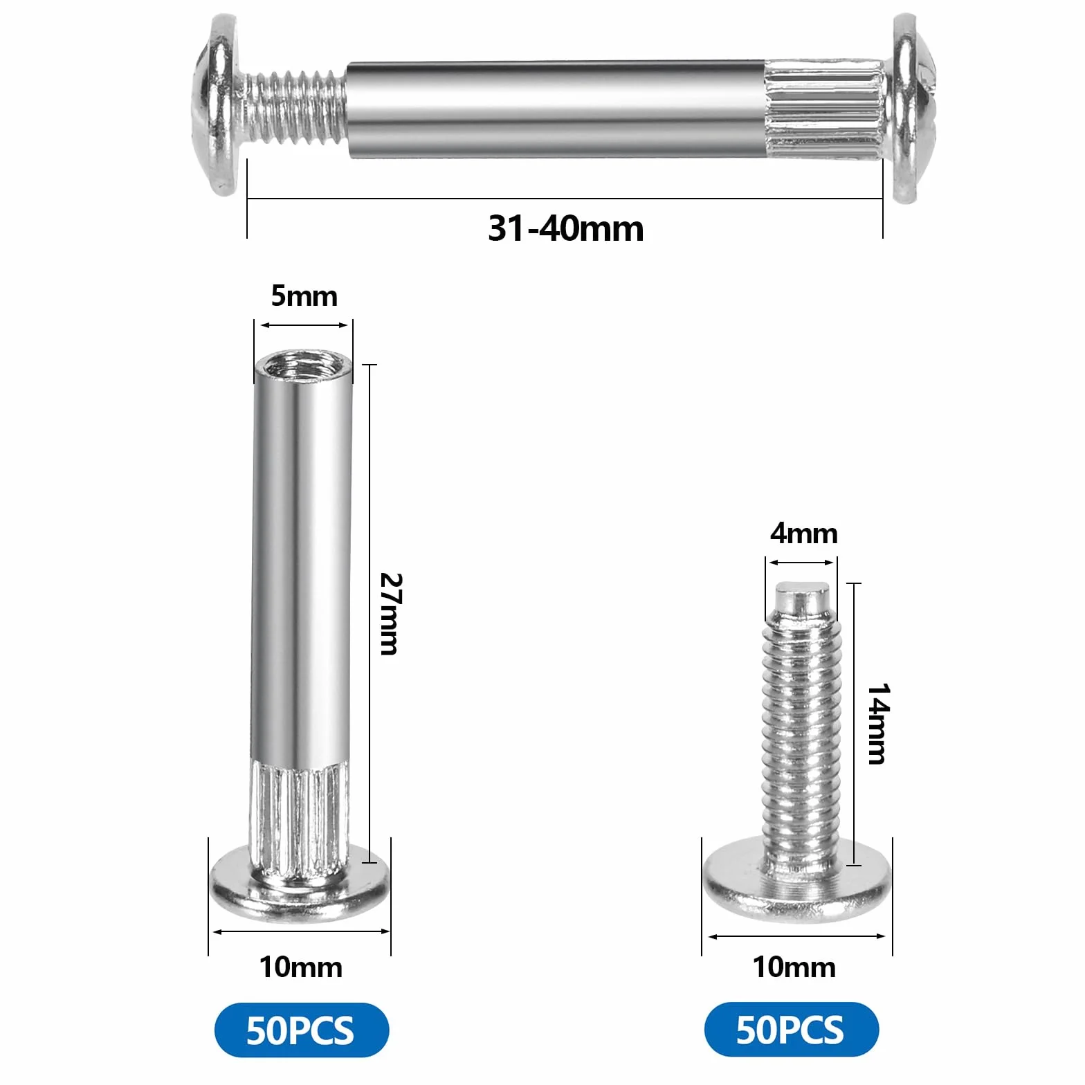 Łączniki meblowe, M4 x 31-40 mm, śruby tulejowe, śruby meblowe, do szafek, do uchwytów drzwi, mebli, szafek, desek drewnianych, 100 sztuk