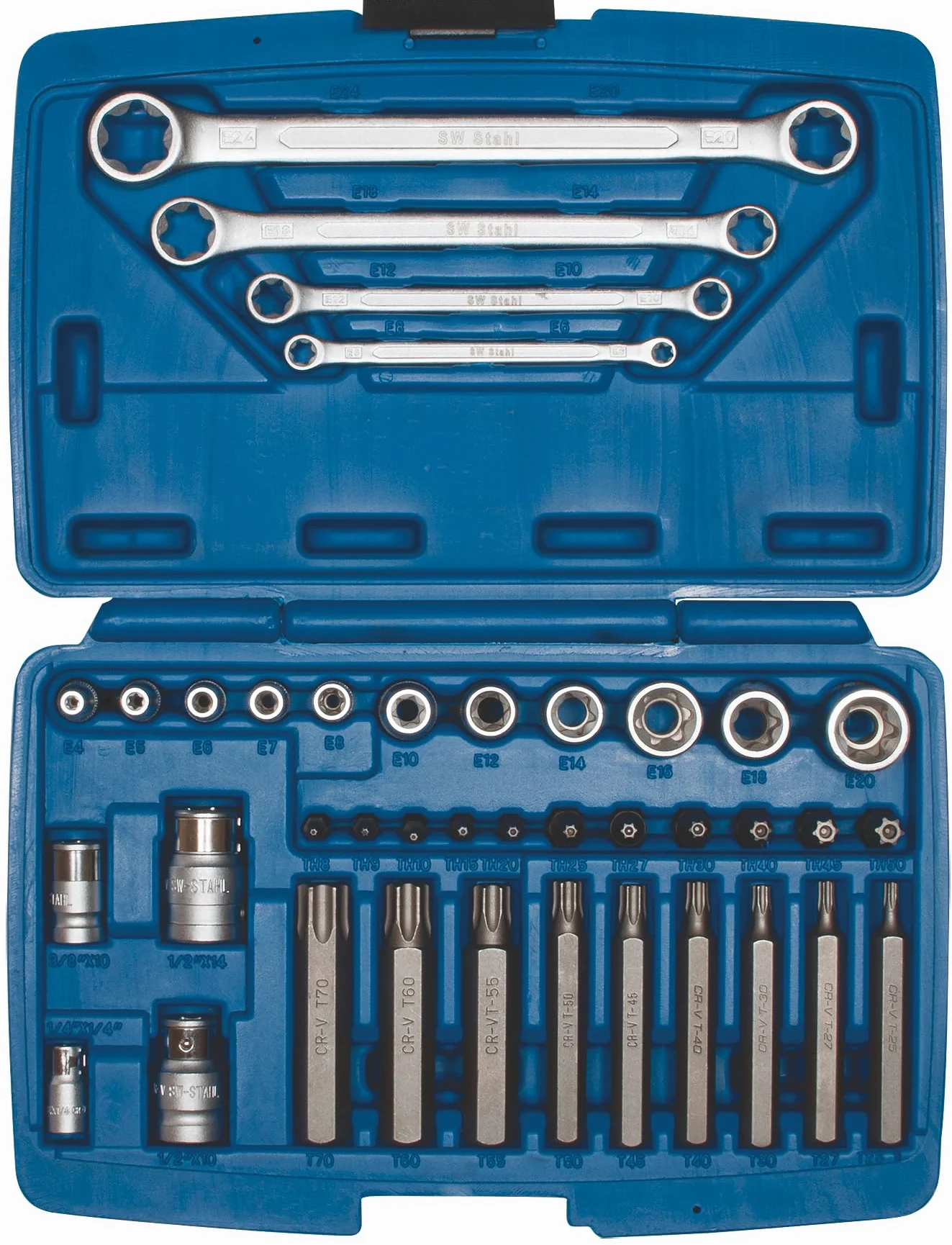 SW 04445L Zestaw Narzędzi Torx do Śrub, Komplet 39 Elementów | Zestaw do śrub wewnętrznych oraz zewnętrznych Torx, zapakowany w walizce, odpowiedni do warsztatu i profesjonalnych prac.