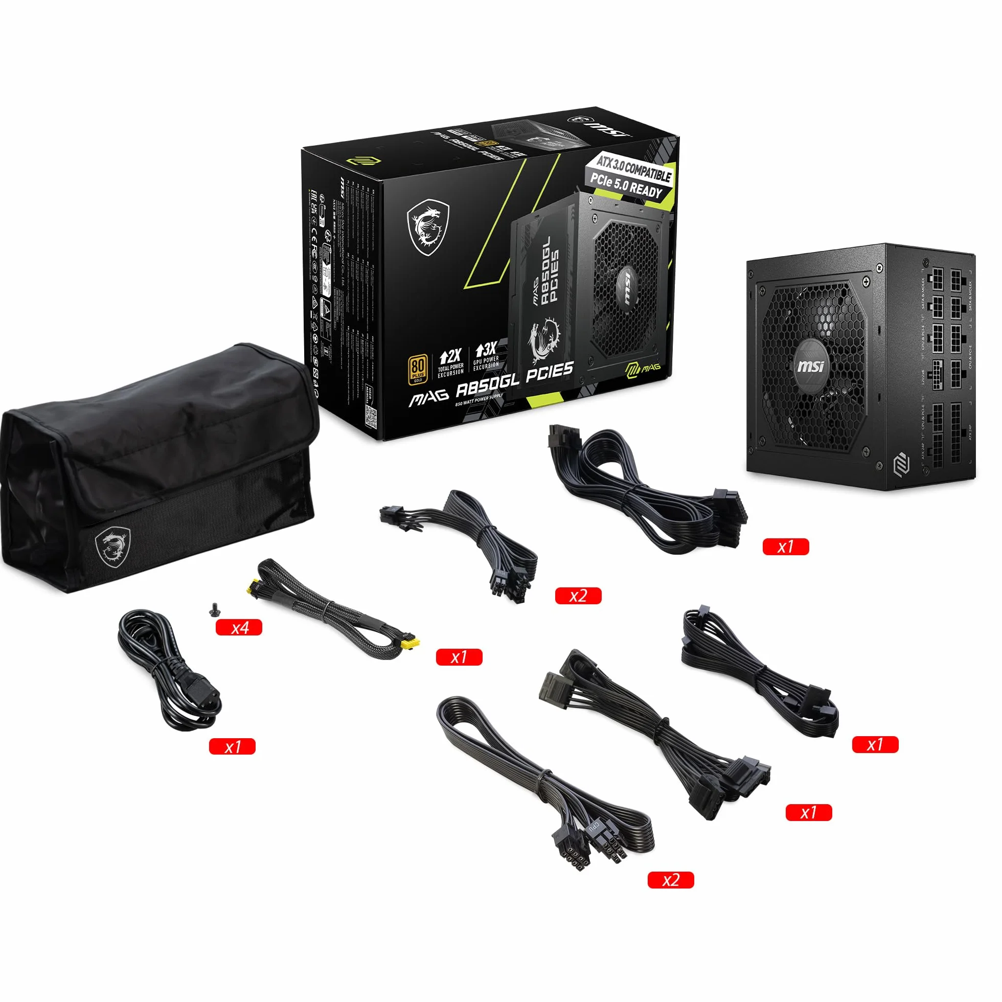 MSI MAG A850GL PCIE 5 ATX 3.0 zasilacz gamingowy 850W 80 Plus Gold modułowy