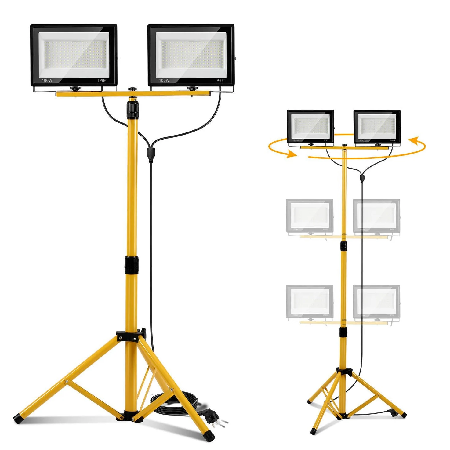 Reflektor budowlany LED ze statywem, 2 x 100 W, 8500 lm, obracany reflektor budowlany 6500 K, zimna biel, statyw z regulacją wysokości i wtyczka kabla 3 m, wodoszczelność IP66, do garażu