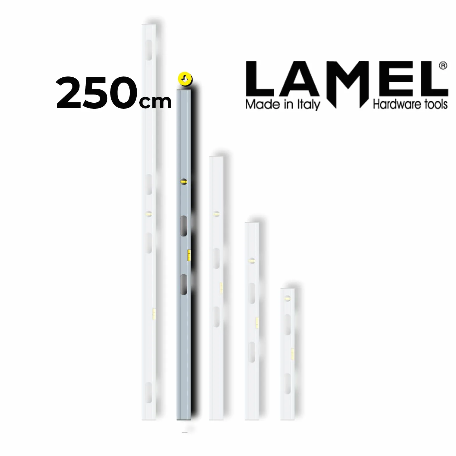 LAMEL Poziomica 250 cm, wyprodukowana we Włoszech, z 2 uchwytami, anodowana, z 1 poziomnicą poziomą i 1 poziomnicą pionową.