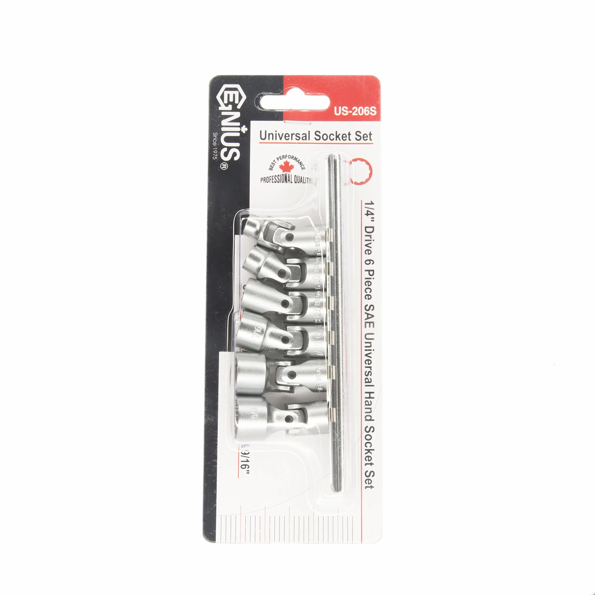 Genius Tools 6-częściowy uniwersalny zestaw nasadek ręcznych 1/4" Drive SAE (12-punktowy), matowe wykończenie - US-206S