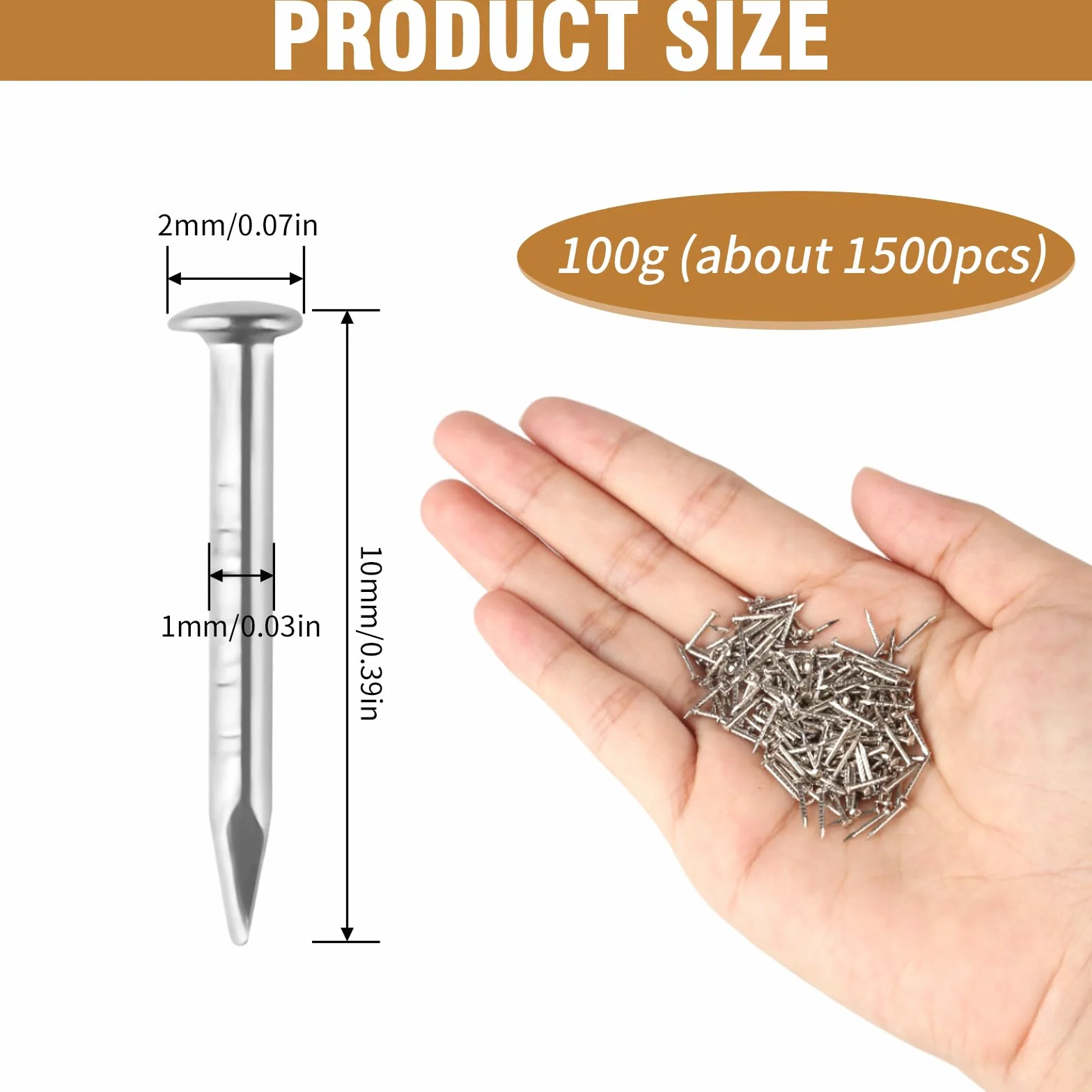 Złote gwoździe, okrągła główka, 1500 sztuk, małe, złote gwoździe, 1 x 10 mm, powlekane mosiądzem, okrągłe główki, małe drewniane gwoździe do majsterkowania, mocowania mebli (kolor srebrny)