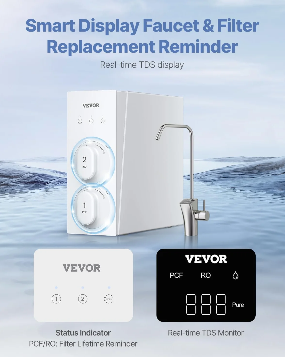 VEVOR System odwróconej osmozy, 600 GPD 8-stopniowy bezzbiornikowy filtr wody odwróconej osmozy, redukcja TDS z certyfikatem NSF, system filtracji wody pod zlewem z inteligentnym kranem, stosunek