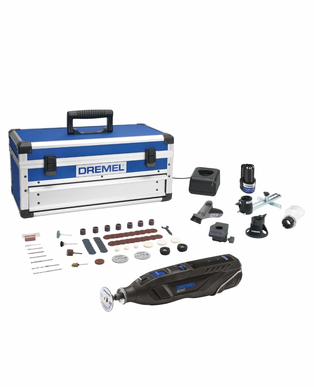 Dremel 8260 Akumulatorowe narzędzie wysokoobrotowe z silnikiem bezszczotkowym i akumulatorem litowo-jonowym 2x12V 3Ah,zestaw z 5 przystawkami i 65 akcesoriami,regulacja prędkości 5 000 30 000obr/min