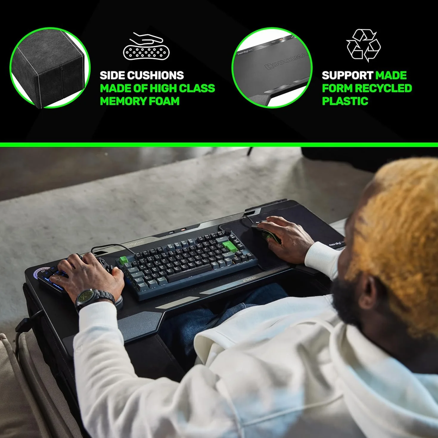 Couchmaster CYBOSS, bardzo szeroki stojak na laptopa na kanapę i łóżko, ergonomiczna konstrukcja z poduszkami, biurko do notebooków do 45 cm, jesteś wielkim szefem! CYBOSS!