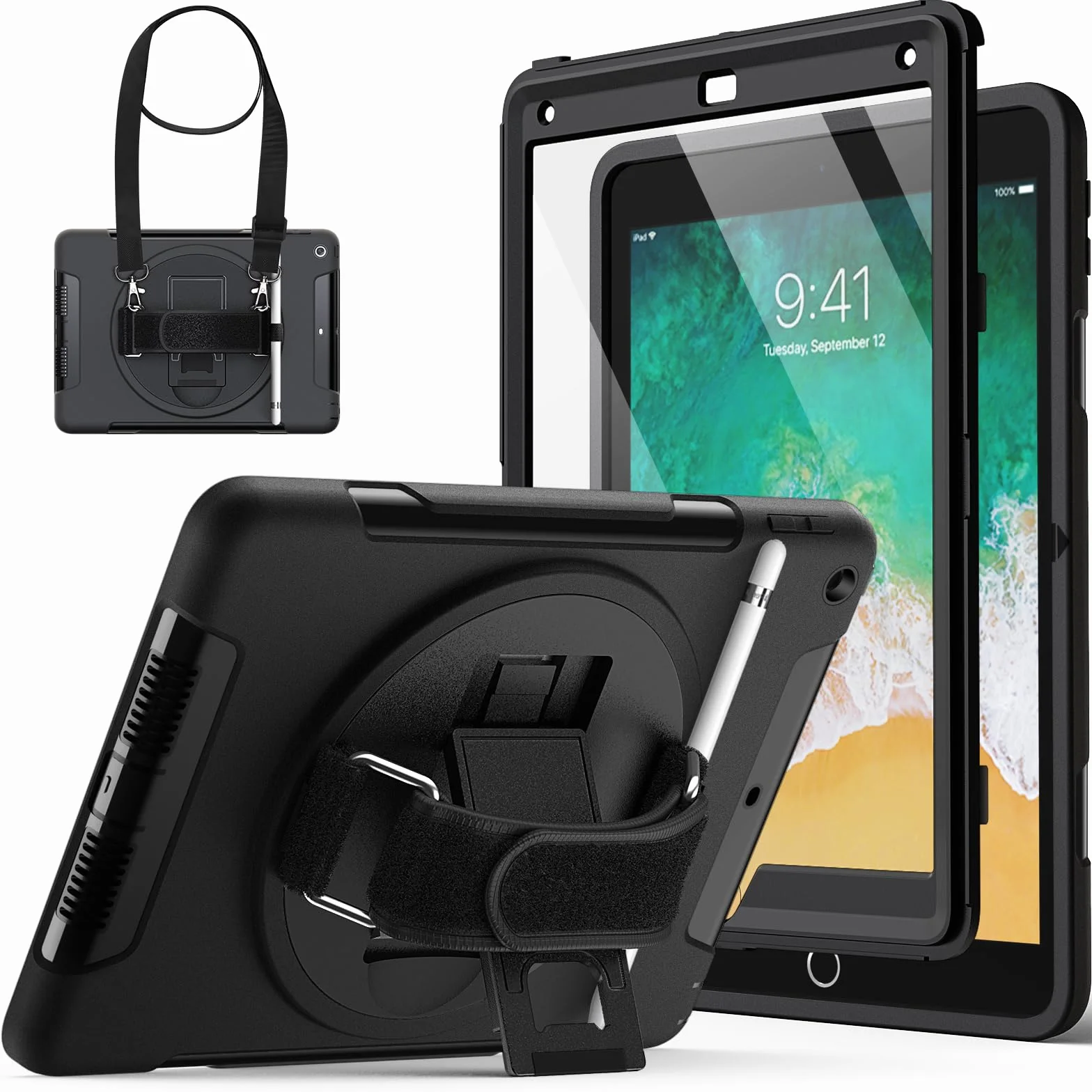 JETech Étui dla iPad 9,7 Cala (6./5. Generacji, Model 2018/2017) z Wbudowanym Ochrona Ekranu, Odporny na Wstrząsy Wytrzymała Tablet Case, Obrotową Podpórką 360 z Paskiem na Rękę (Czarny)