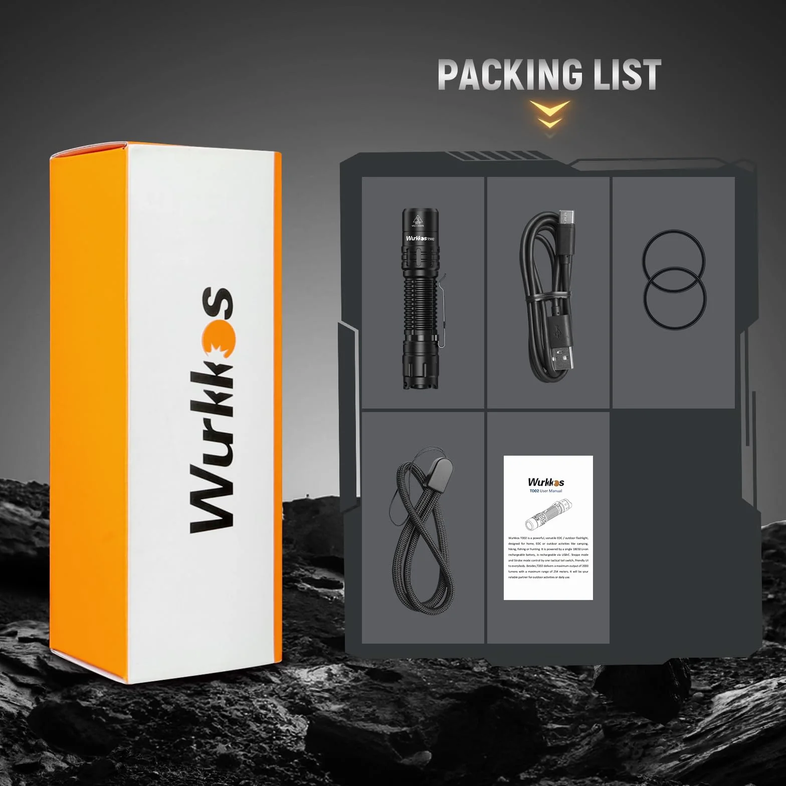Wurkkos TD02 latarka LED, super jasna latarka kieszonkowa, możliwość ponownego ładowania, latarka taktyczna wysokim poziomie jasności, latarka z portem ładowania typu C, przełącznik na końcu do
