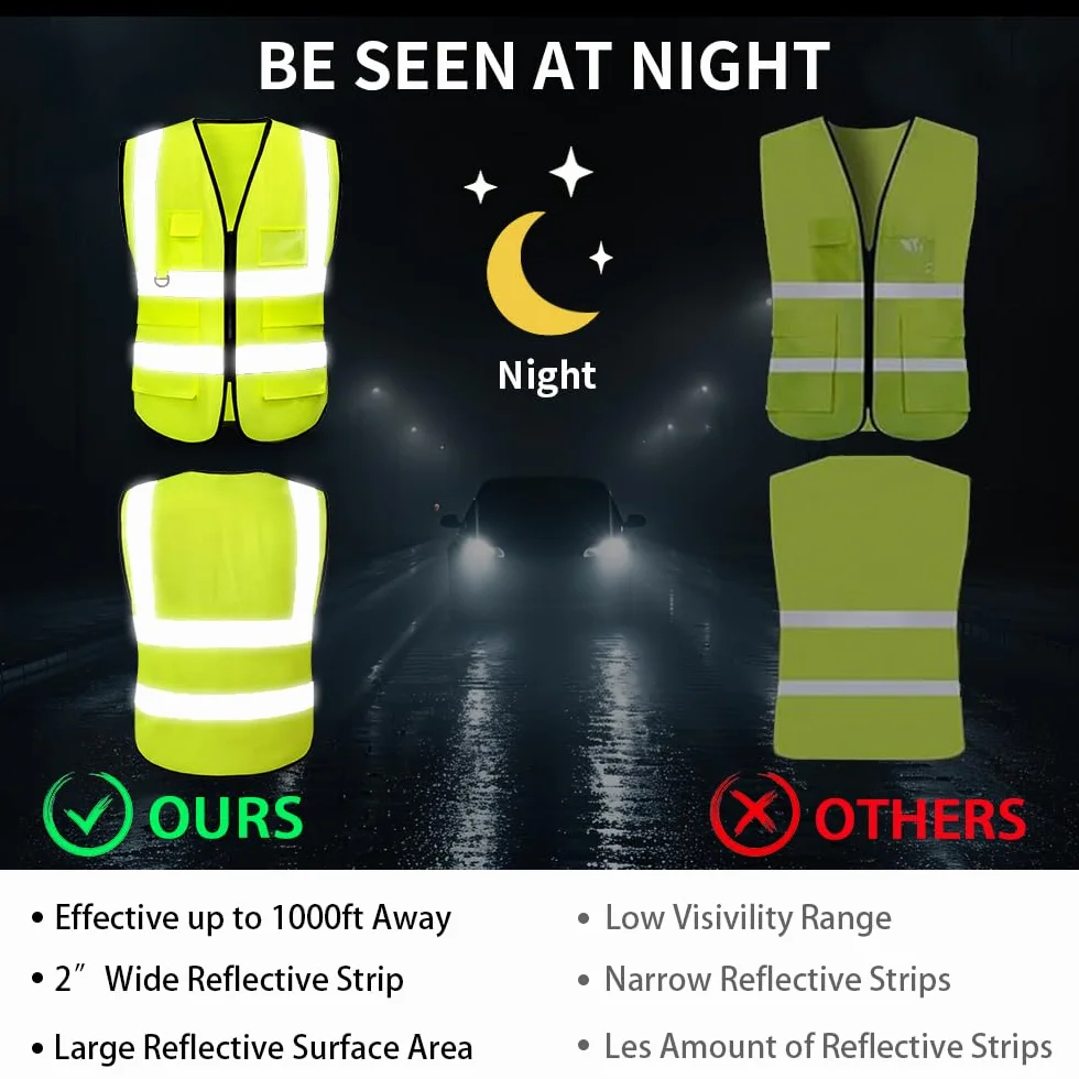 Kamizelki Hi Vis dla kobiet i mężczyzn odblaskowe kamizelki bezpieczeństwa o wysokiej widoczności, oddychające, z zamkiem błyskawicznym, do budowania na zewnątrz, spełniają normę ANSI/ISEA