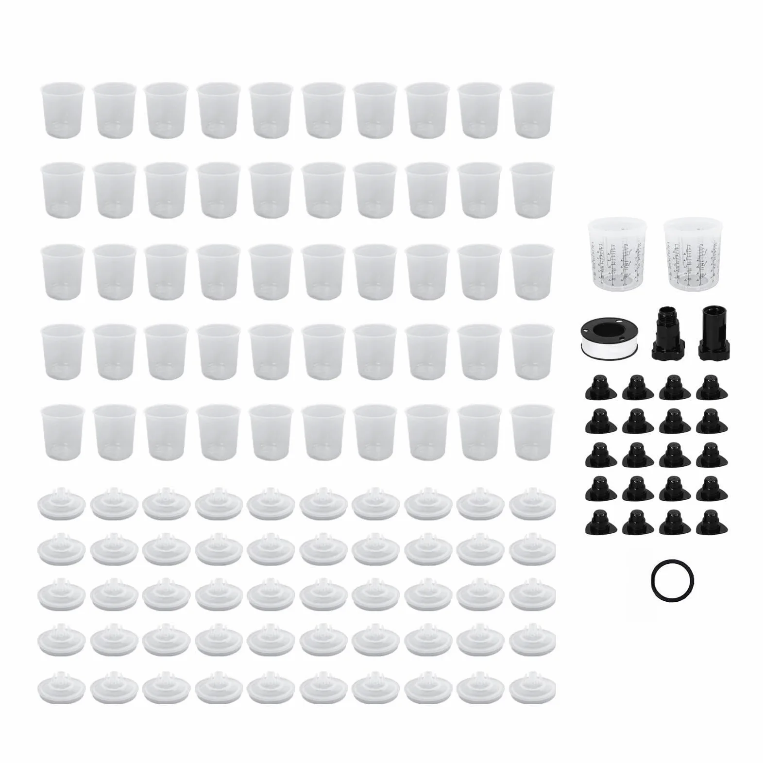 Luocute Zestaw Jednorazowych Kubków na farbę 600 Ml, 50 Kubków Wewnętrznych z Pokrywkami, 2 Kubki Zewnętrzne, pierścień Uszczelniający, 20 Zatyczek, 2 Adaptery, Taśma PTFE, Mieszadło do