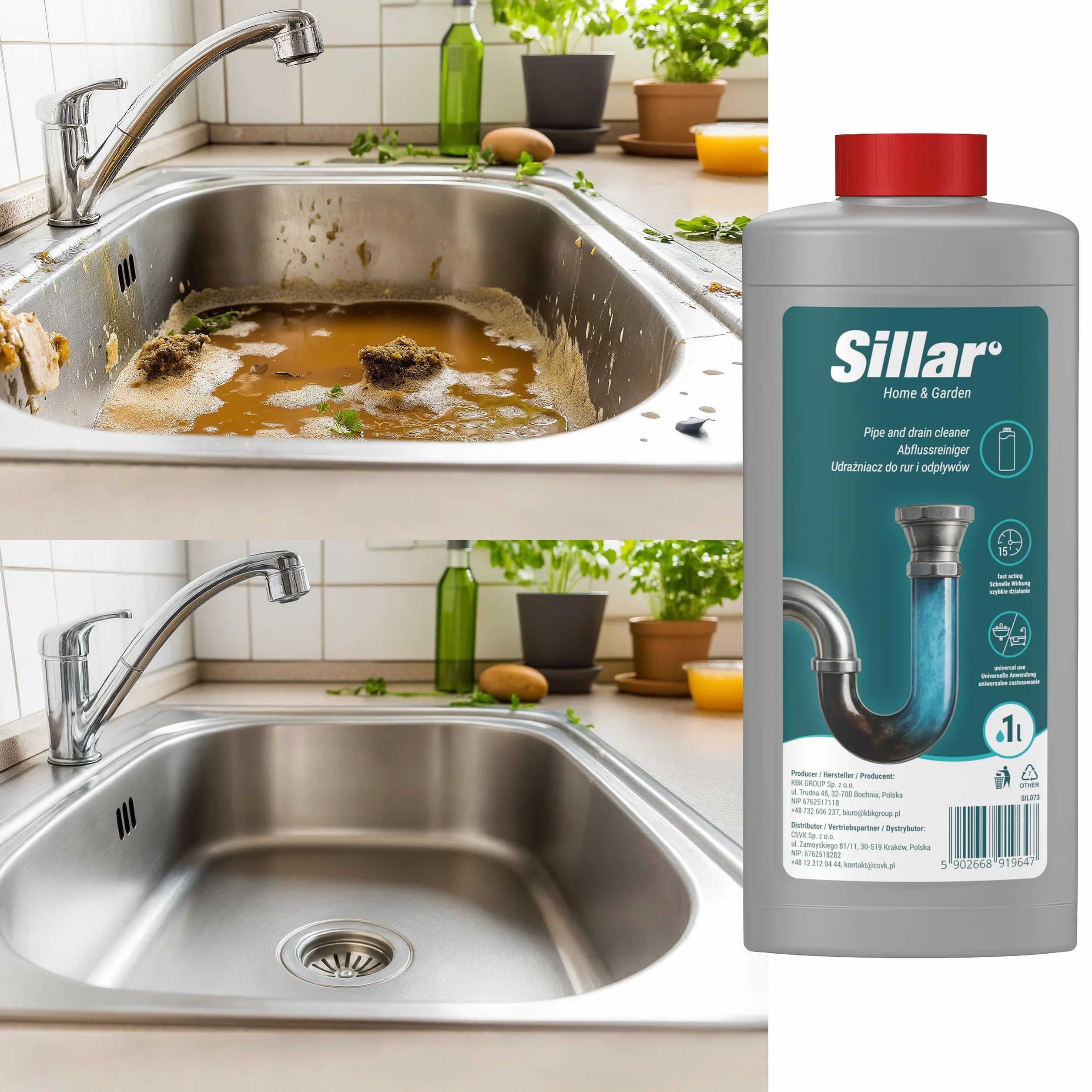 Sillar Żel do udrażniania rur 1000ml EXTRA MOCNY, rozpuszcza włosy, tłuszcz i resztki – do kuchni, prysznica i WC, efekt piany