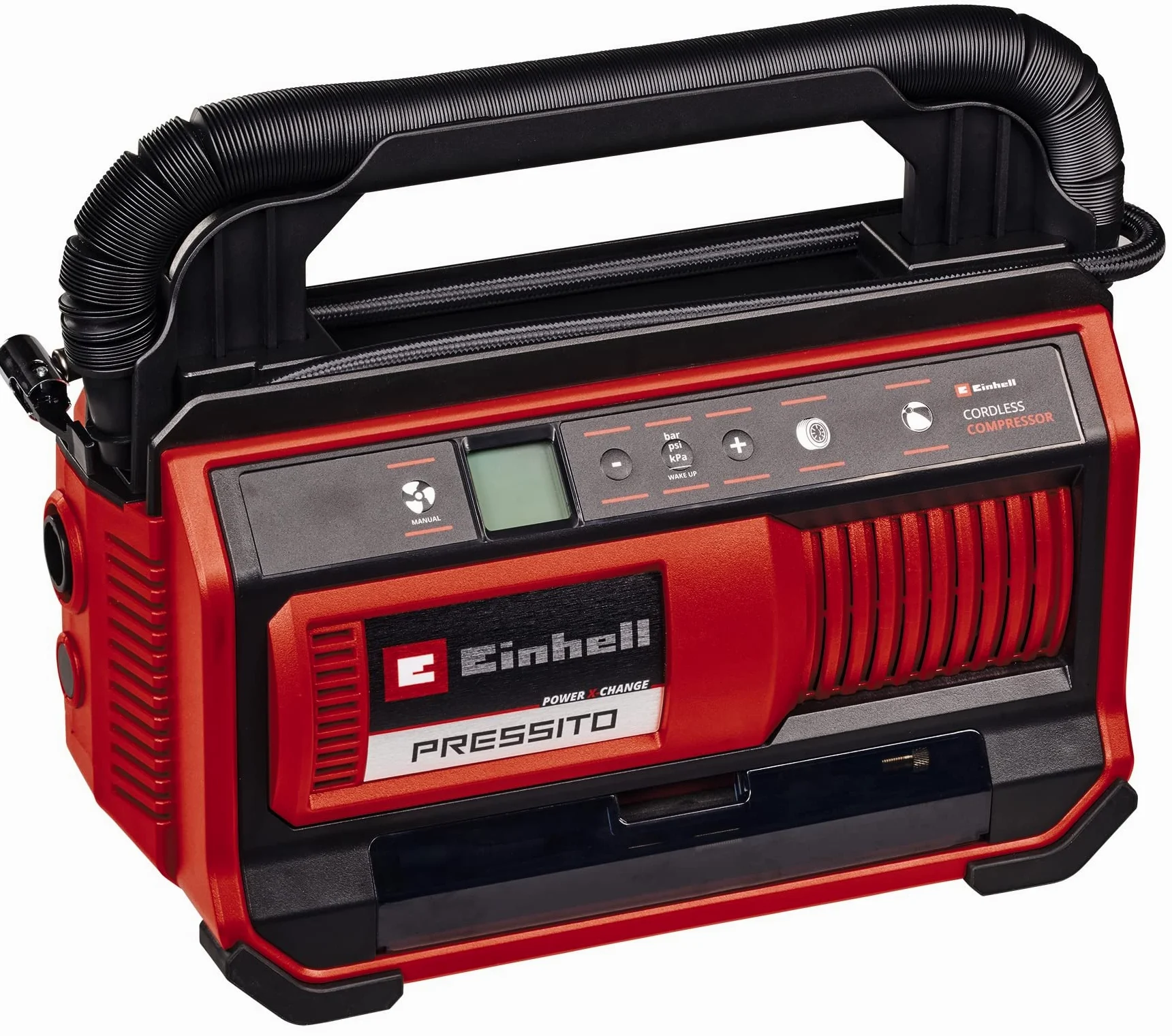 Einhell akumulatorowa sprężarka PRESSITO 18/25 Power X-Change (18 V, maks. 11 bar, w tym zestaw 3 szt. adapterów, wąż wysokociśnieniowy 71 cm i wąż niskociśnieniowy 1,6 m, bez akumulatora)