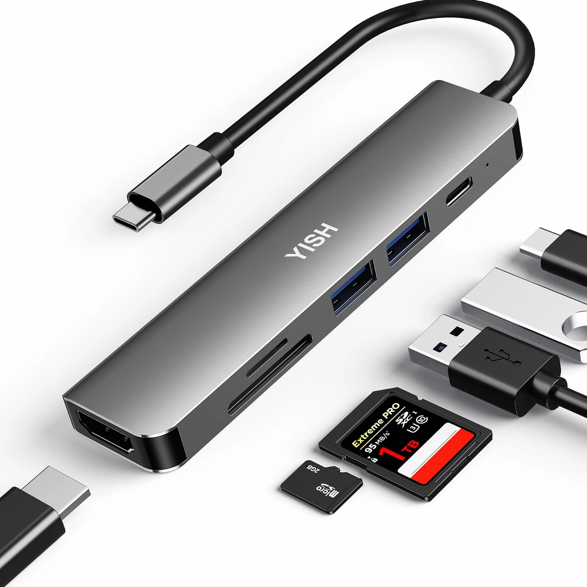 YISH Hub USB C 6 w 1 stacja dokująca koncentrator USB 3.0 PD100W 4K HDMI 2 x USB A czytnik kart SD/TF