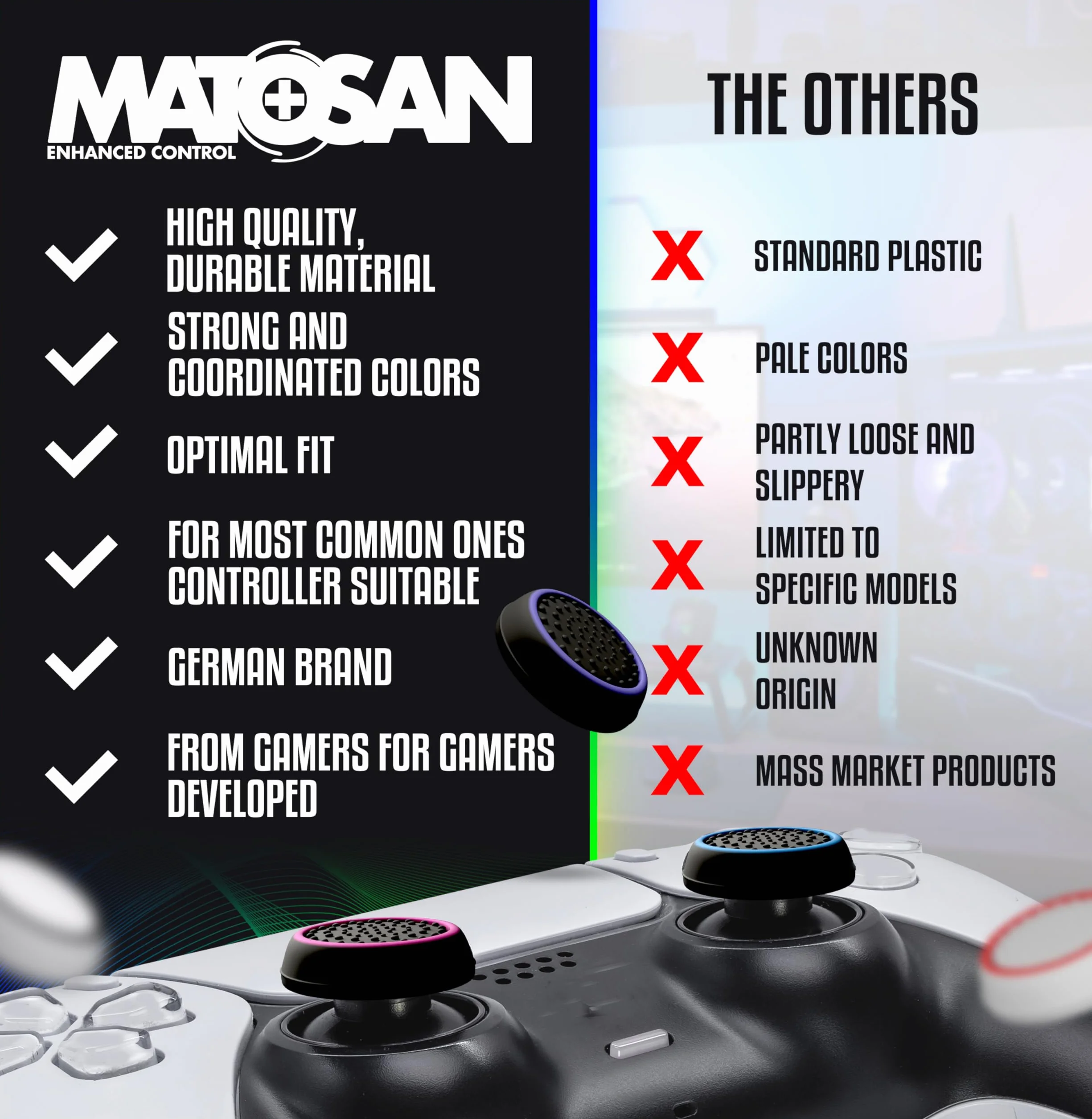MatoSan® Zestaw 8 Nakładek na Drążki Analogowe – Kompatybilne z PS5 – Antypoślizgowe Nakładki na Thumbstick – Akcesoria Gamingowe do Kontrolerów