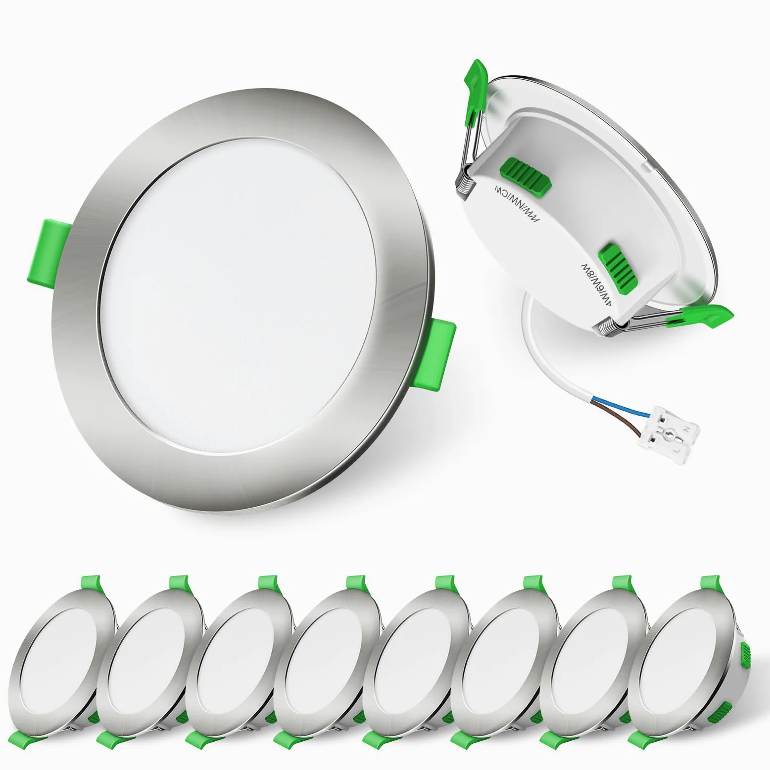 ALUSSO LIGHTING 4W/6W/8W Ściemniany Punkt LED, 230V, 3CCT 3000K/4000K/6500K, Możliwość Zmiany, Reflektor LED Extra Piatto 29 mm, łazienkowy IP44, Nikiel Satynowy, Zestaw 10 Sztuk