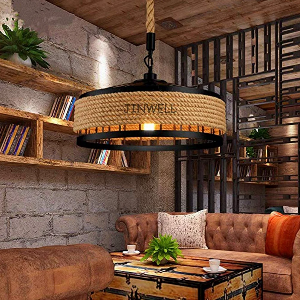 Lampa wisząca w stylu vintage/industrialnym/retro - żyrandol do salonu, okrągły, lina konopna, żelazna klatka, gwint E27, 1 głowica