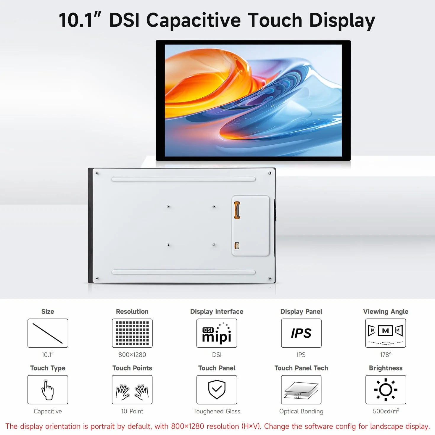 Waveshare 10.1inch DSI Capacitive Touch Display, 800x1280, IPS Panel, Optical Bonding Toughened Glass Panel, 10-Point Touch, for Raspberry Pi/RK3576/RK3506/ESP32-P4