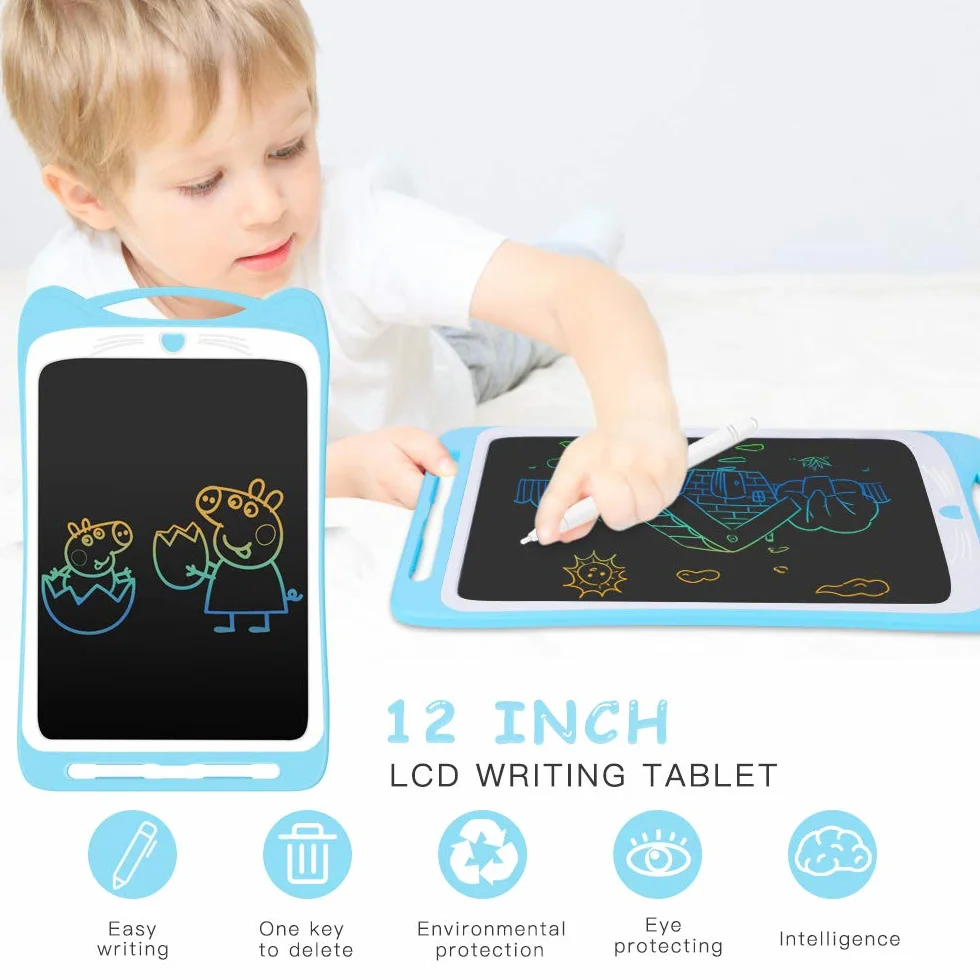 AGPTEK Kolorowy tablet do pisania dla dzieci LCD 12 cali, elektroniczna tablica do rysowania, cyfrowa tablica graficzna z przyciskiem blokady, prezenty urodzinowe dla dzieci, niebieski
