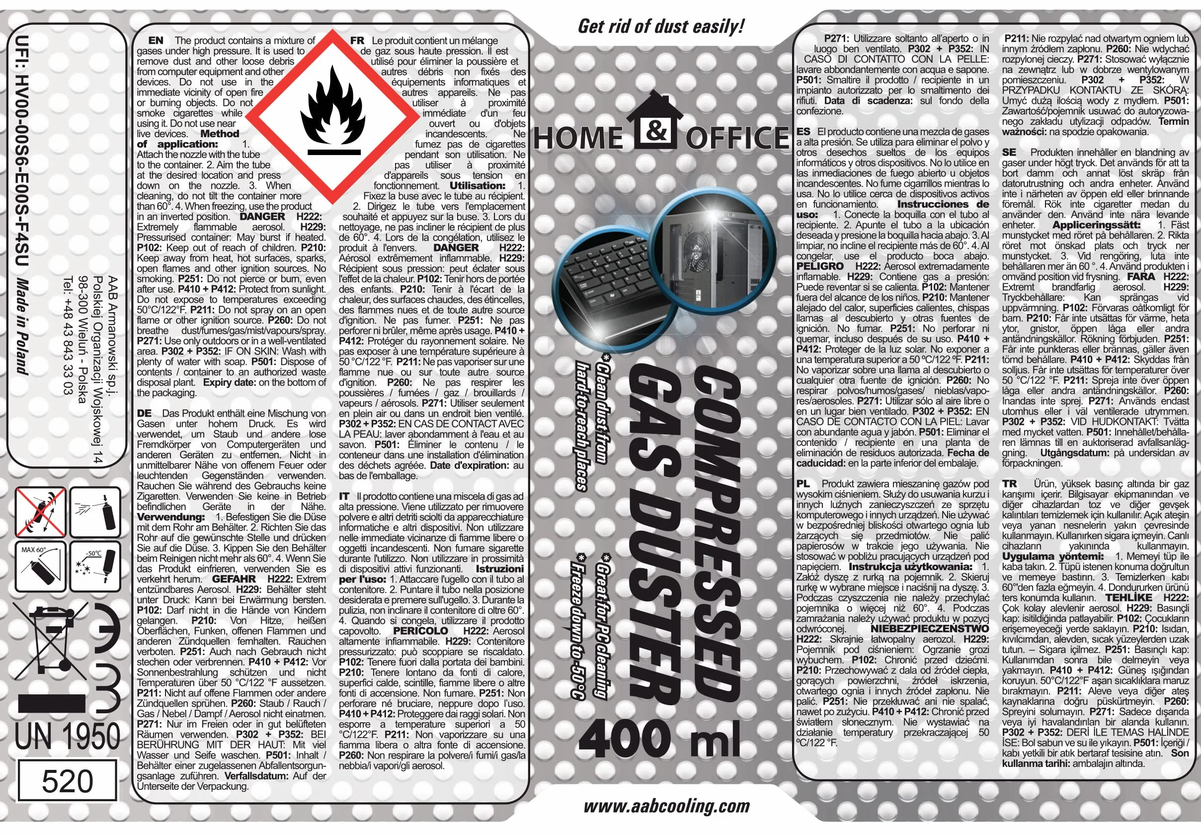 AABCOOLING K2 sprężone powietrze w sprayu 400 ml Air Duster do elektroniki