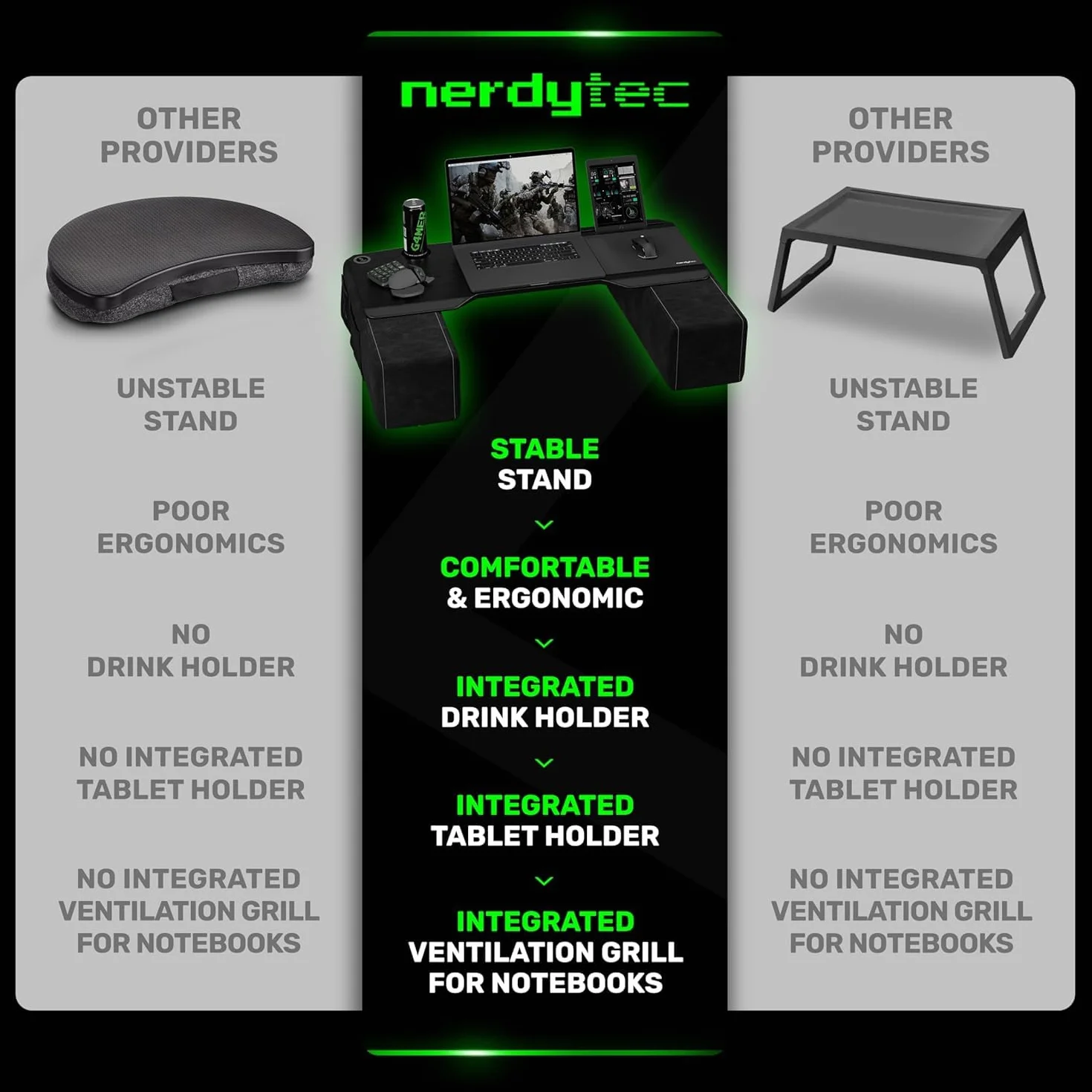 Couchmaster CYBOSS, bardzo szeroki stojak na laptopa na kanapę i łóżko, ergonomiczna konstrukcja z poduszkami, biurko do notebooków do 45 cm, jesteś wielkim szefem! CYBOSS!
