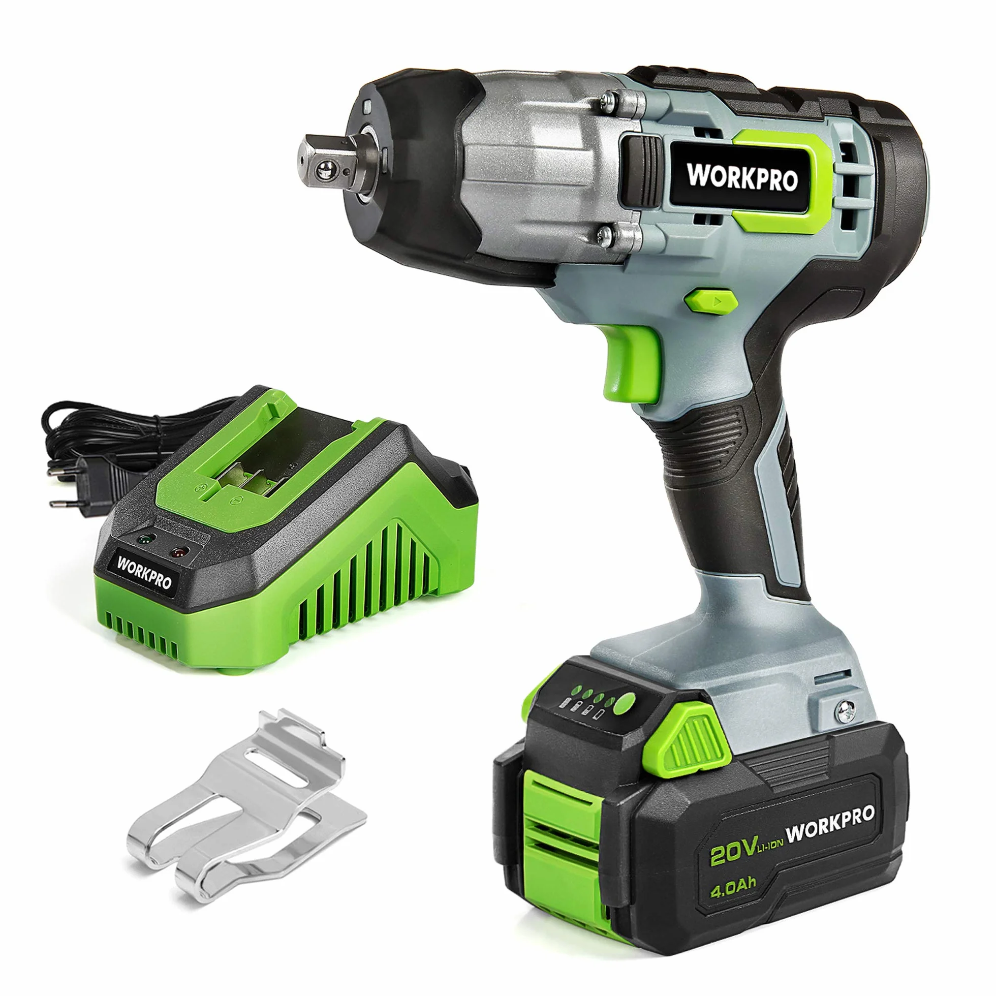 WORKPRO Akumulatorowy klucz udarowy 20 V, bezprzewodowy klucz udarowy, 1/2" uchwyt czworokątny, moment obrotowy 300 Nm, zmienna prędkość, światło LED, z akumulatorem 4,0 Ah i ładowarką