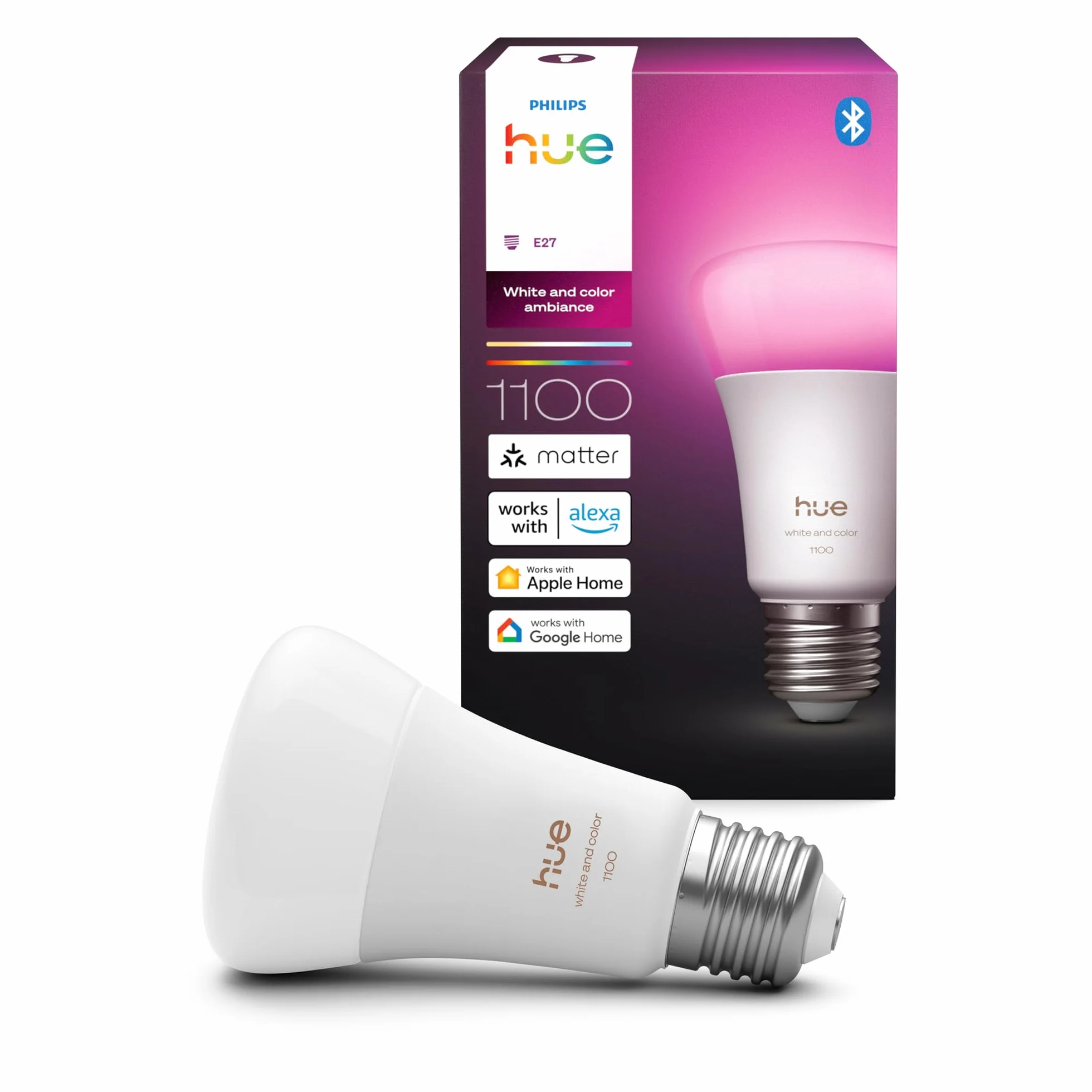 Żarówka Philips Hue Smart LED A60, White and Color Ambiance, trzonek E27, 8,1 W, pełne spektrum światła 1000K–20000K, 1100 lumenów, przyciem, działa z Alexa, Google Assistant i Apple Home, op. 1 szt.