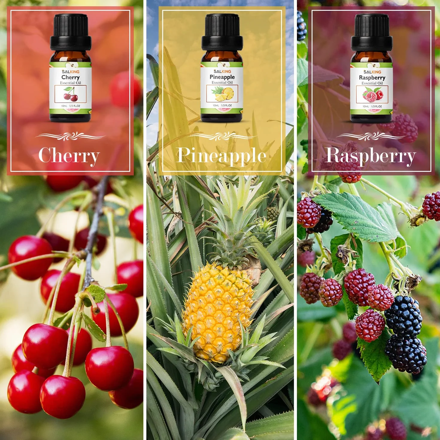 SALKING Zestaw olejków eterycznych, 6 x 10 ml, 100% bio, aromaterapia, olejek zapachowy, zestaw prezentowy do dyfuzora, nawilżacza powietrza, masażu, wiśni, ananasa, malin, słodkiej pomarańczy, guawy, zielonego jabłka