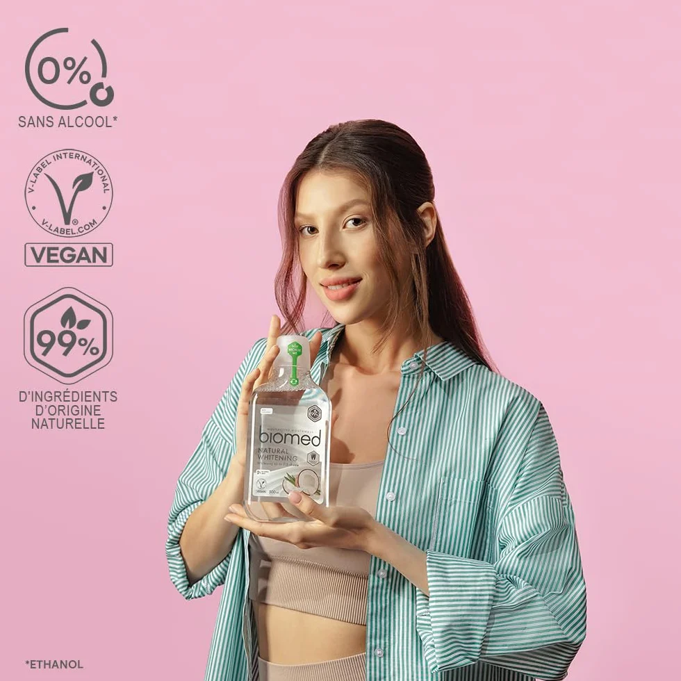 BIOMED Superwhite płyn do płukania jamy ustnej do łagodnego wybielania zębów-bez fluoru-bez alkoholu-99% naturalnych składników-smak kokosowy i miętowy-Opakowanie 500 ml