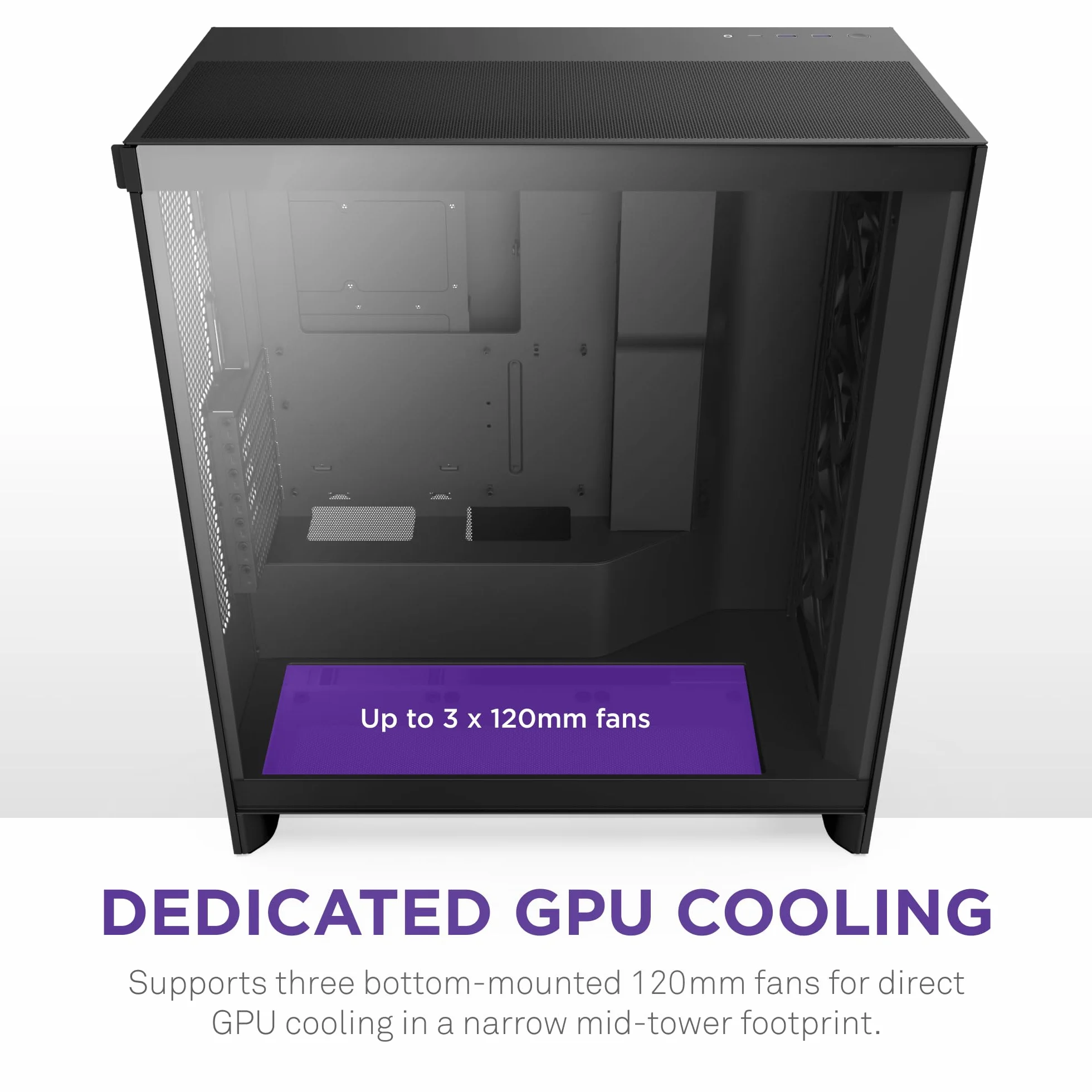 NZXT H7 Flow | Obudowa ATX Mid-Tower z przepływem powietrza | Obsługuje 3 wentylatory 120 mm na dole do bezpośredniego chłodzenia GPU | Zawiera 3 wentylatory 120 mm z przodu | Czarny