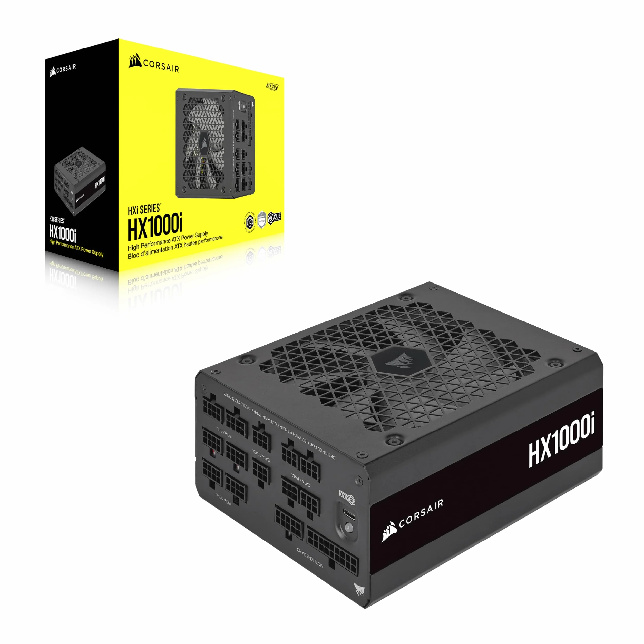 Corsair HX1000i W Pełni Modułowy Ultracichy Zasilacz - Zgodny z ATX 3.1 i PCIe 5.1 – Dynamiczne Łożysko Olejowe – Działa z Oprogramowaniem CORSAIR iCUE – Wydajność 80 PLUS Platinum - Czarny