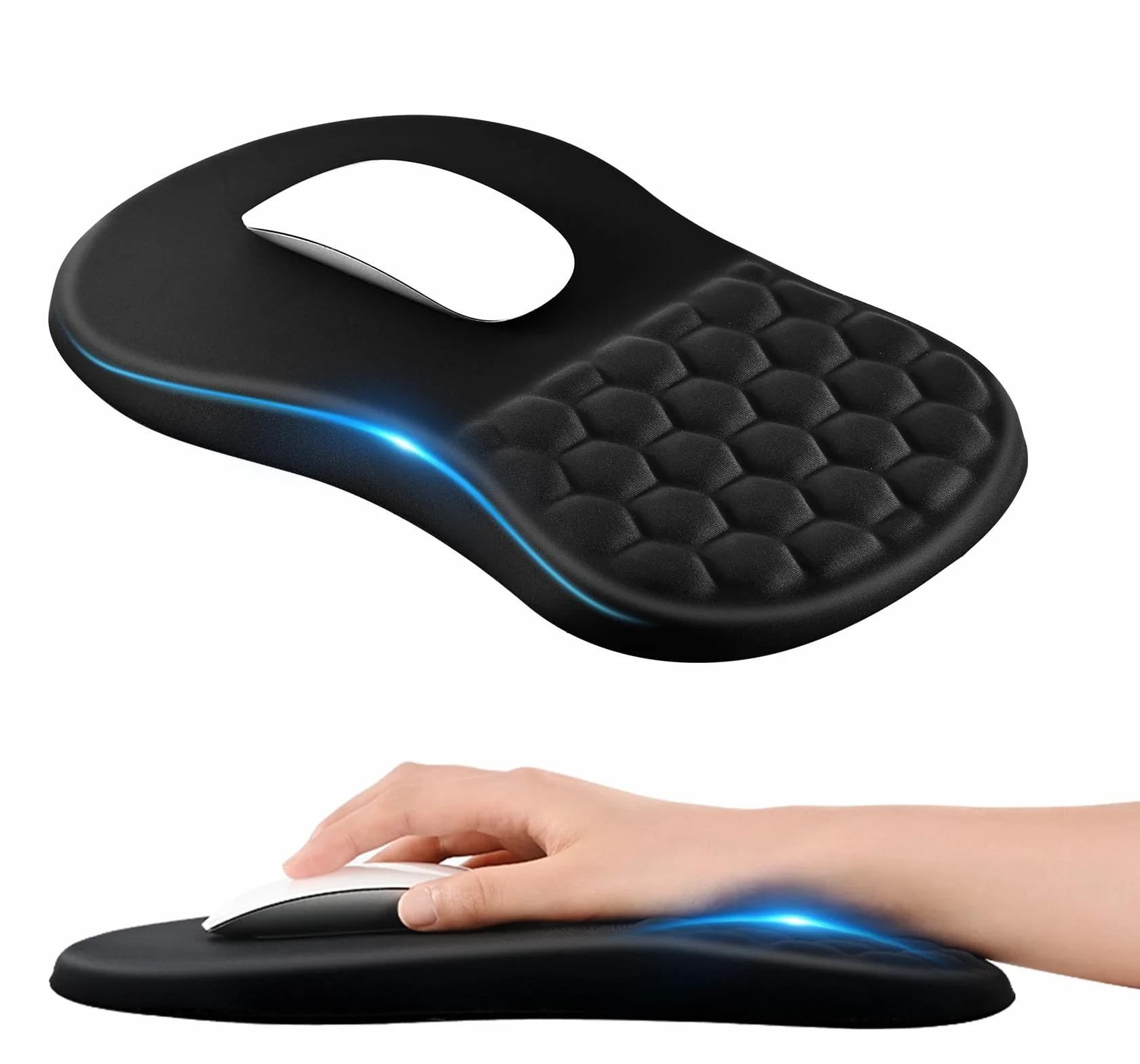 EooCoo Podkladka Pod Mysz na Nadgarstek z Funkcją Masażu, Podkładka Pod Myszkę z Poduszką, Ergonomiczna Mouse Pad, z Gładką Powierzchnią Lykrową i Antypoślizgową Podstawą PU, Akcesoria Biurowe, Czarny