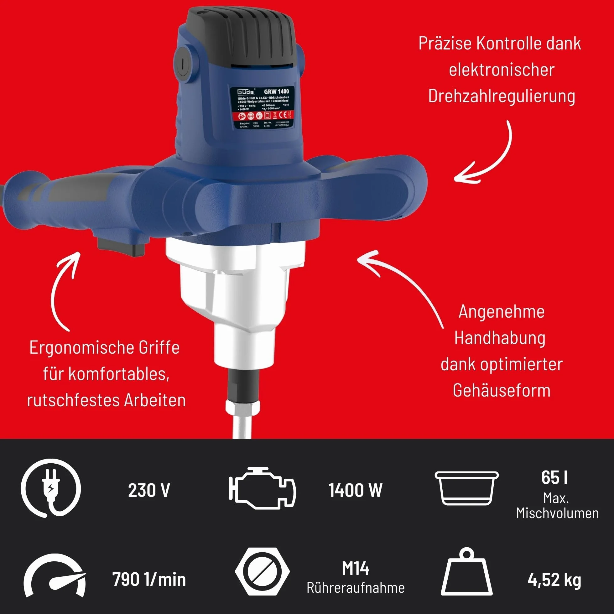 Güde Mieszadło GRW 1400 (1400 W, bezstopniowa elektroniczna regulacja prędkości obrotowej w uchwycie 0-760 1/min, metalowa przekładnia, ergonomiczny, uchwyt mieszadła M14, mieszadło ø 140 mm do