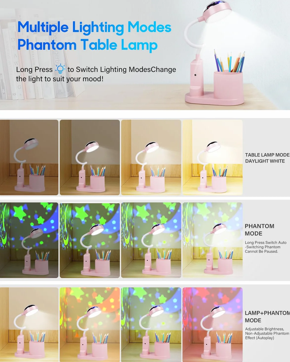 TechKen Lampa biurkowa dla dzieci, lampka nocna LED, lampa stołowa, ściemniana, poziomy jasności, ładowalna lampa z giętką szyją, lampa stołowa, lampa do nauki z uchwytem na długopis, projekcja gwiazd