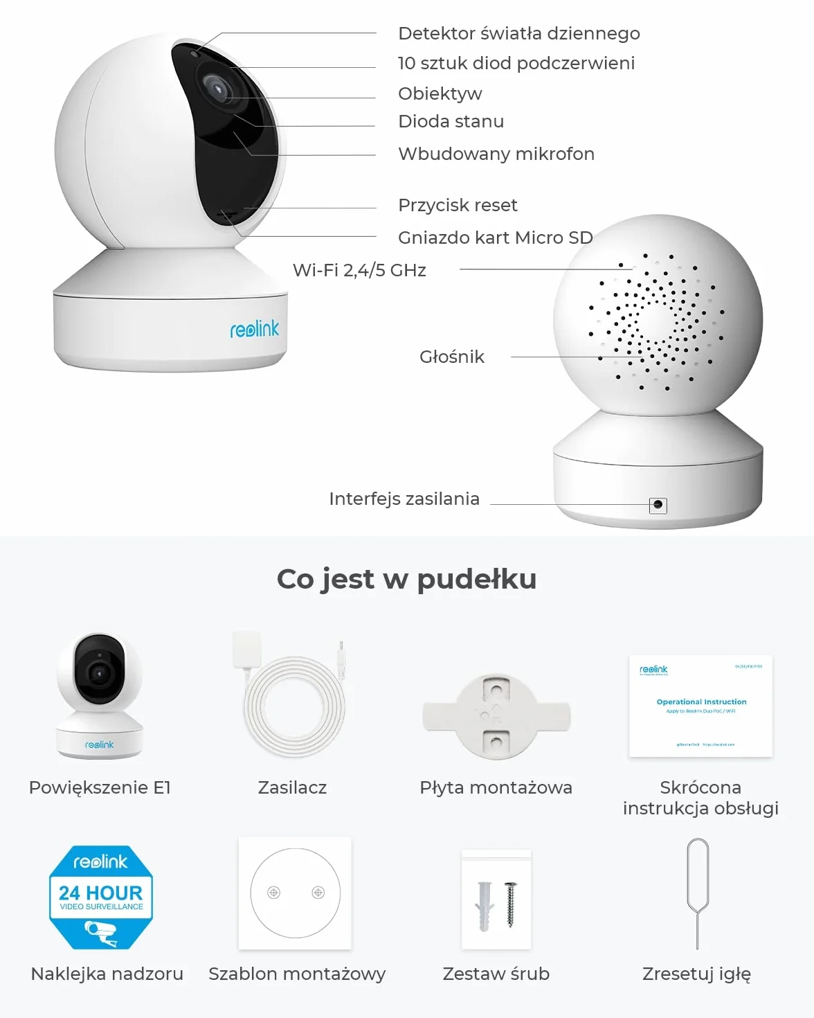 Reolink 5MP PTZ Wewnętrzna Kamera WiFi, 2.4/5 GHz, Detekcja AI Osób/Zwierząt, Auto-Śledzenie, 3X Zoom, 2-kierunkowe Audio, E1 Zoom