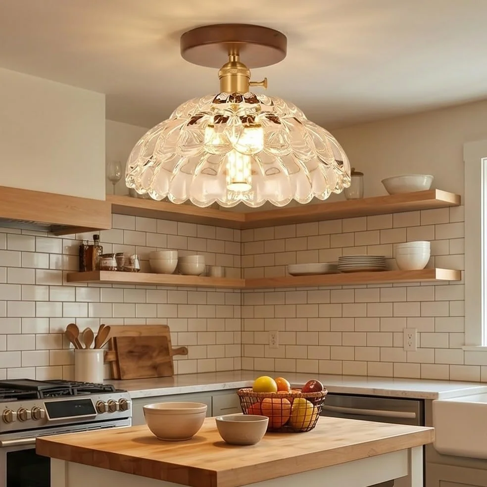 Nowoczesna lampa sufitowa ze szkłem, półwpuszczany żyrandol w stylu vintage, z podstawą z drewna orzechowego, zapiekanka lampa sufitowa z połowy wieku do przedpokoju, przedpokoju, garderoby, sypialni