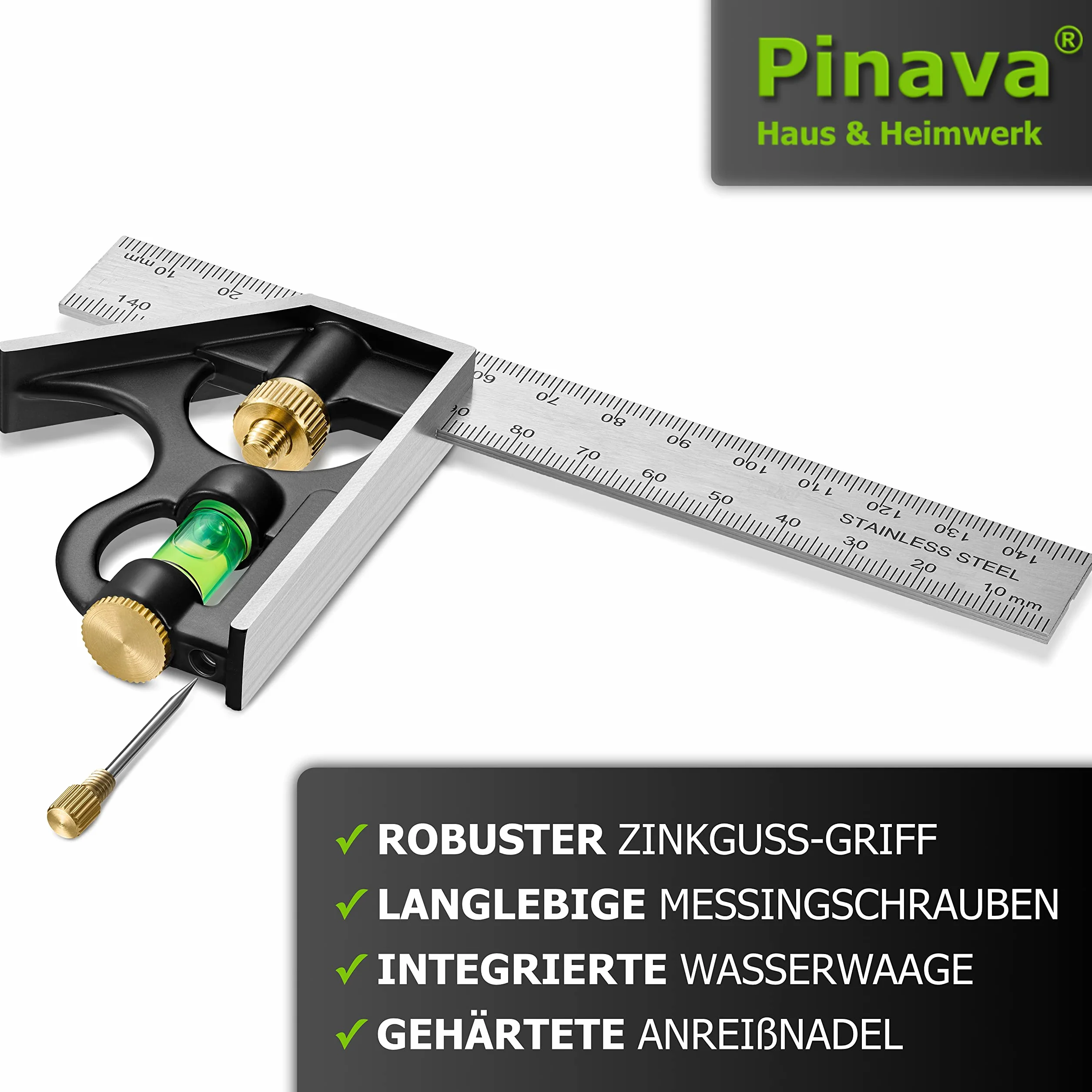 PINAVA® Kątownik łączony 150 mm [przeciwbieżna skala i precyzyjny kąt] – mały kątownik uniwersalny z metalowym ogranicznikiem – idealnie czytelny multikąt, Combination Square