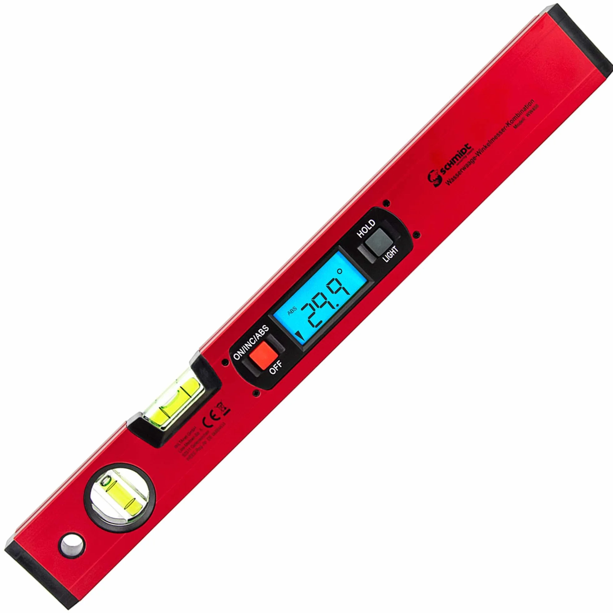 SCHMIDT security Tools Elektroniczna poziomica kątomierza – inklinometr – cyfrowy wyświetlacz LCD – kombinacja – kątowa, skala pionowa i pozioma, skala kątowa – waga magnetyczna