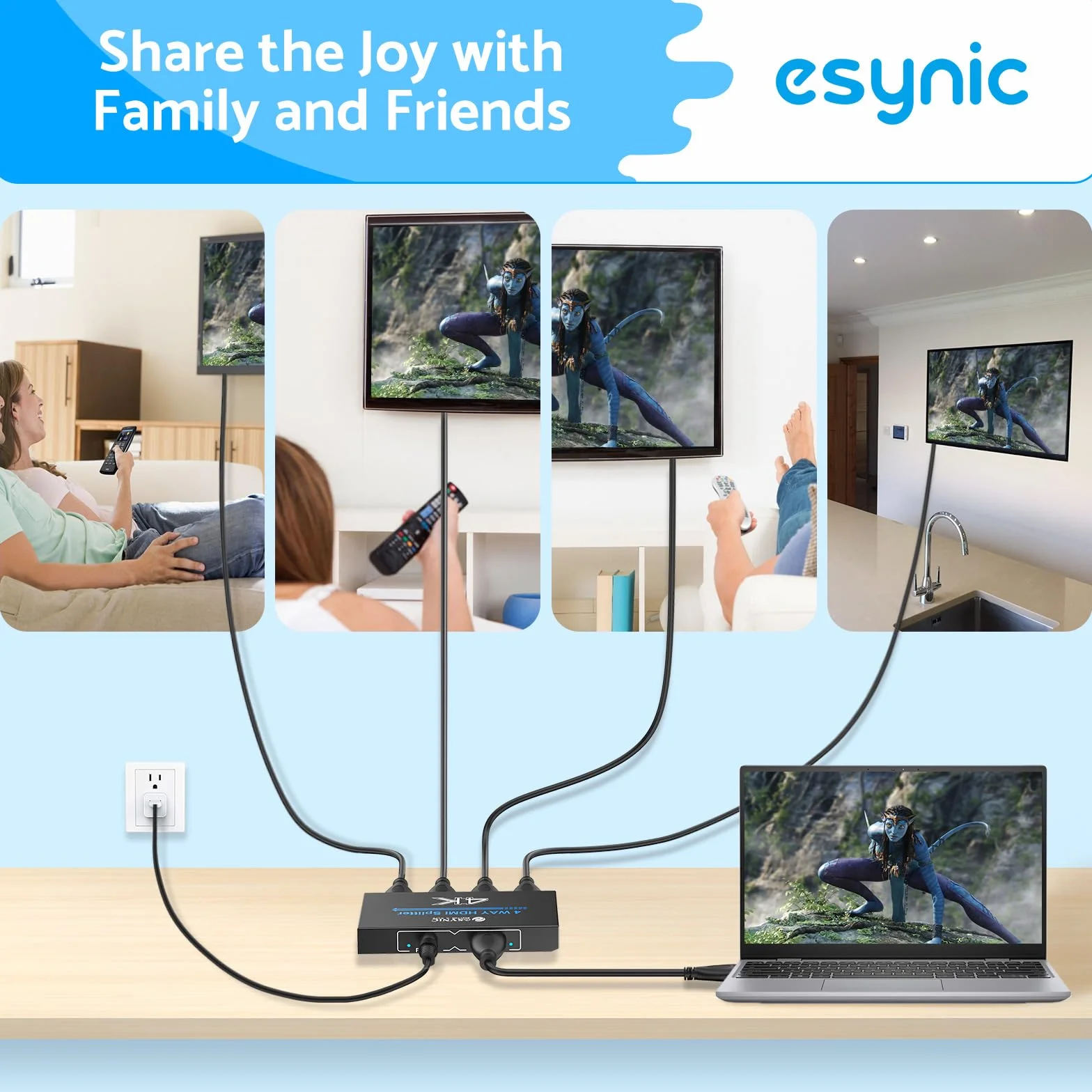 eSynic Rozdzielacz HDMI 1 w 4 4K 30 Hz 3D z 1m Kabel HDMI HDCP 1.4 Bypass 1X4 metalowa obudowa