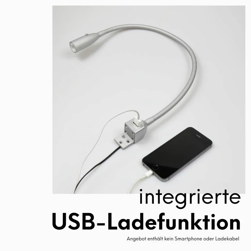 kalb Material für Möbel Elastyczna lampka do czytania LED/lampka do czytania LED ze zintegrowaną funkcją ładowania USB, anodowane aluminium / srebrnoszare (1 lub 2 sztuki w zestawie anodowane