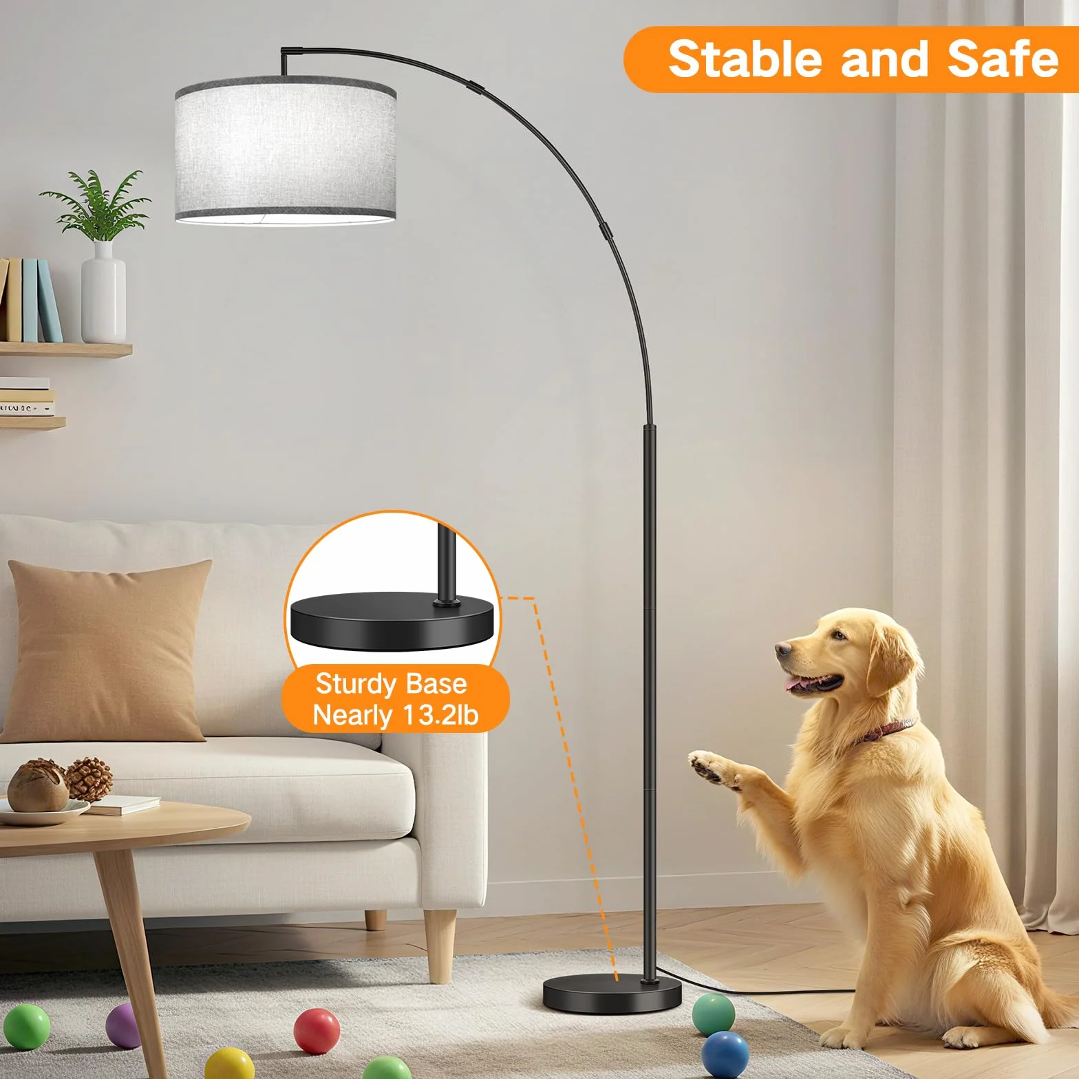 OUTON Lampa Łukowa do Salonu, LED Stojąca z Abażurem w Kolorze Szary 40cm, Pilotem i Przełącznikiem Nożnym, 3 Temperaturami Barwowymi, w Zestawie Żarówka E27, Czarna do Sypialni lub Biura