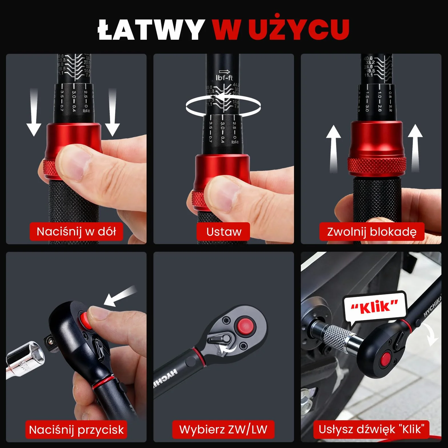 HYCHIKA klucz dynamometryczny 3/8", 10-60 Nm, dokładność ± 2%, 72 zęby, zestaw kluczy dynamometrycznych do samochodu, motocykla, roweru, adaptera 3/8 na 1/4, przegub kardanowy, drążek przedłużający 75