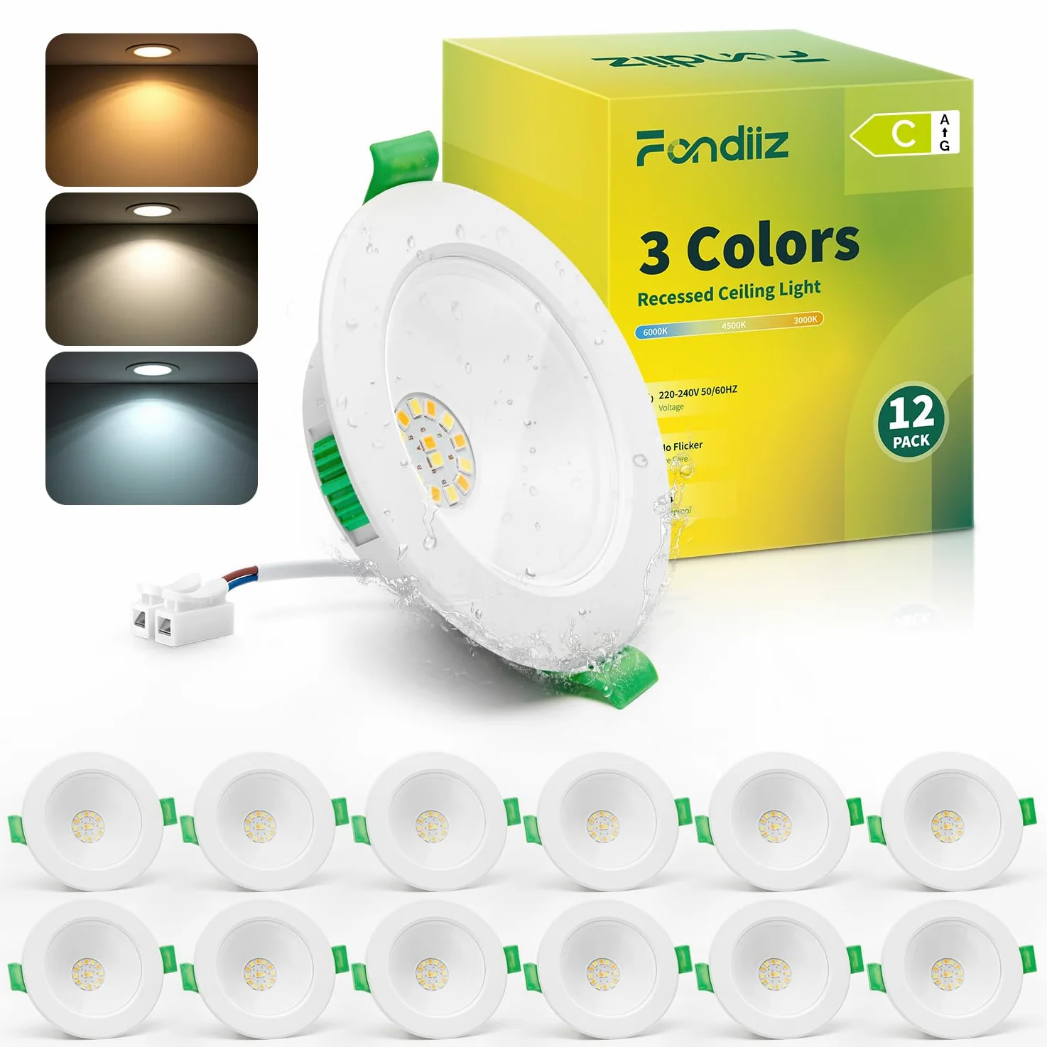 Fondiiz 12-częściowy reflektor LED 230 V, 4 W 570 lm wbudowany reflektor LED ciepła biel 3000 K neutralna biel 4500 K zimna biel 6000 K, plamy sufitowe wpuszczone 68 mm otwór rozmiar biały, IP44