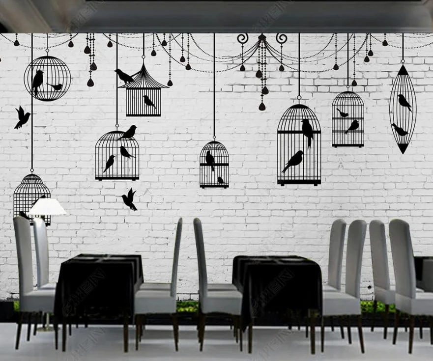 Ręcznie malowana ściana z cegły, niestandardowa sylwetka klatki dla ptaków, tło ścienne-250 cm x 175 cm