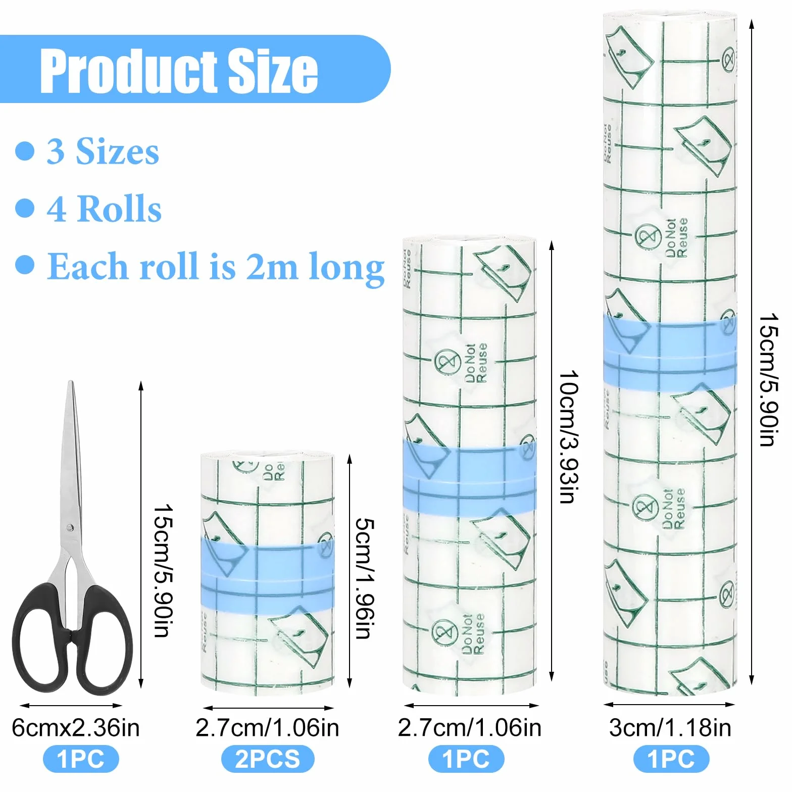 4 rolki folii do tatuażu drugiej skóry, 15 cm/10 cm/5 cm x 2 m, wodoszczelna, przycinana bandaż do tatuażu drugiej skóry, uzdrawiająca, wodoodporna taśma klejąca do ochrony skóry, pod prysznic