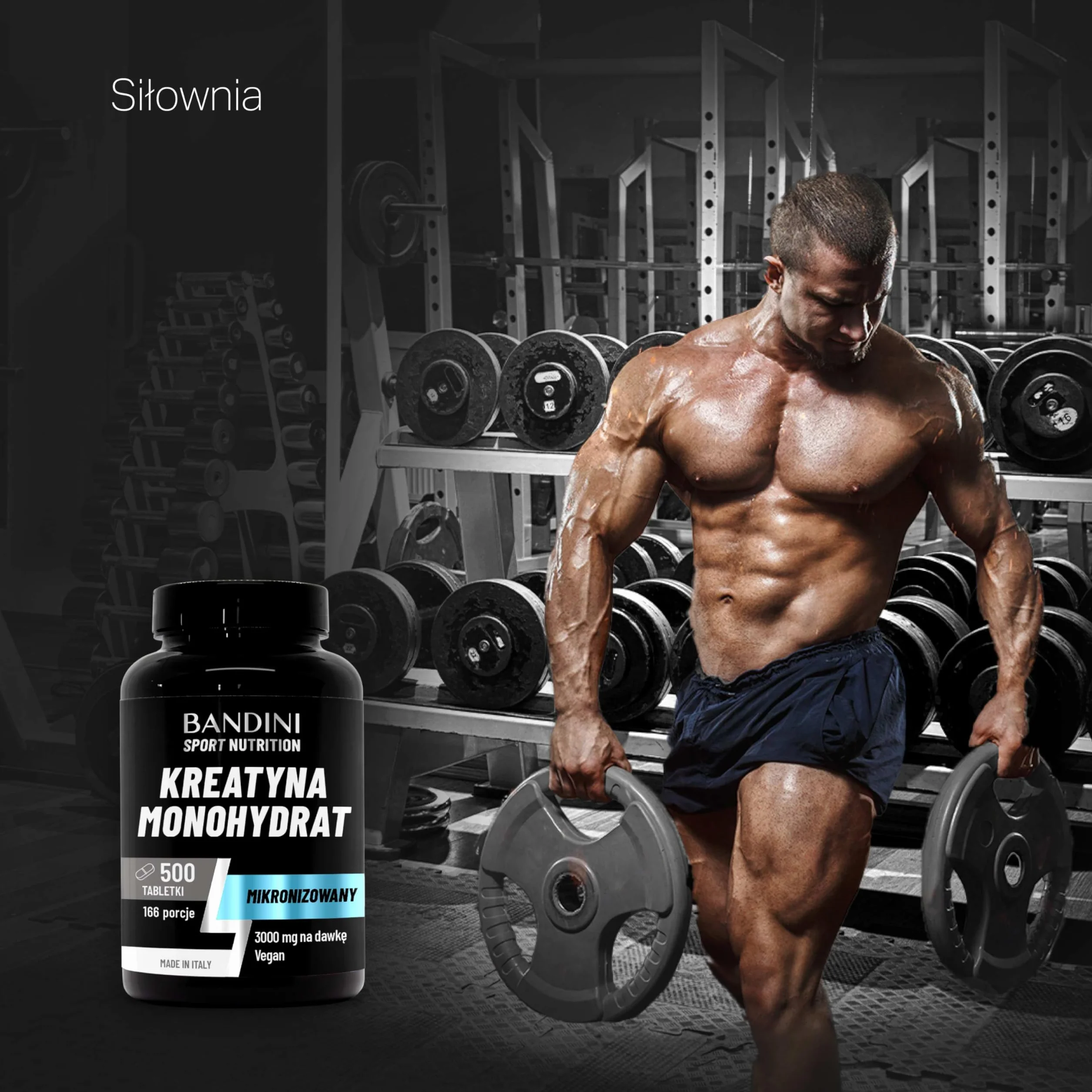 Bandini® Mikronizowany Monohydrat Kreatyny 500 tabletek po 3000mg w dawce - Suplement na treningi, siłownię i przed treningiem - 100% Wegańskie - Na bazie 100% czystego Monohydratu Kreatyny