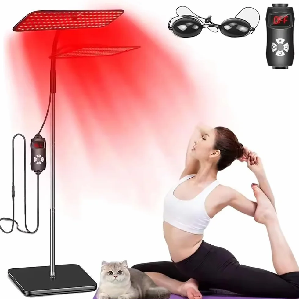 Lampa z czerwonym światłem, lampa stojąca, czerwone światło z cokołem, 126 LED 660 nm i 850 nm z cokołem, szyja wannowa 360°, regulacja wysokości, 4 poziomy jasności i timer, do łagodzenia twarzy