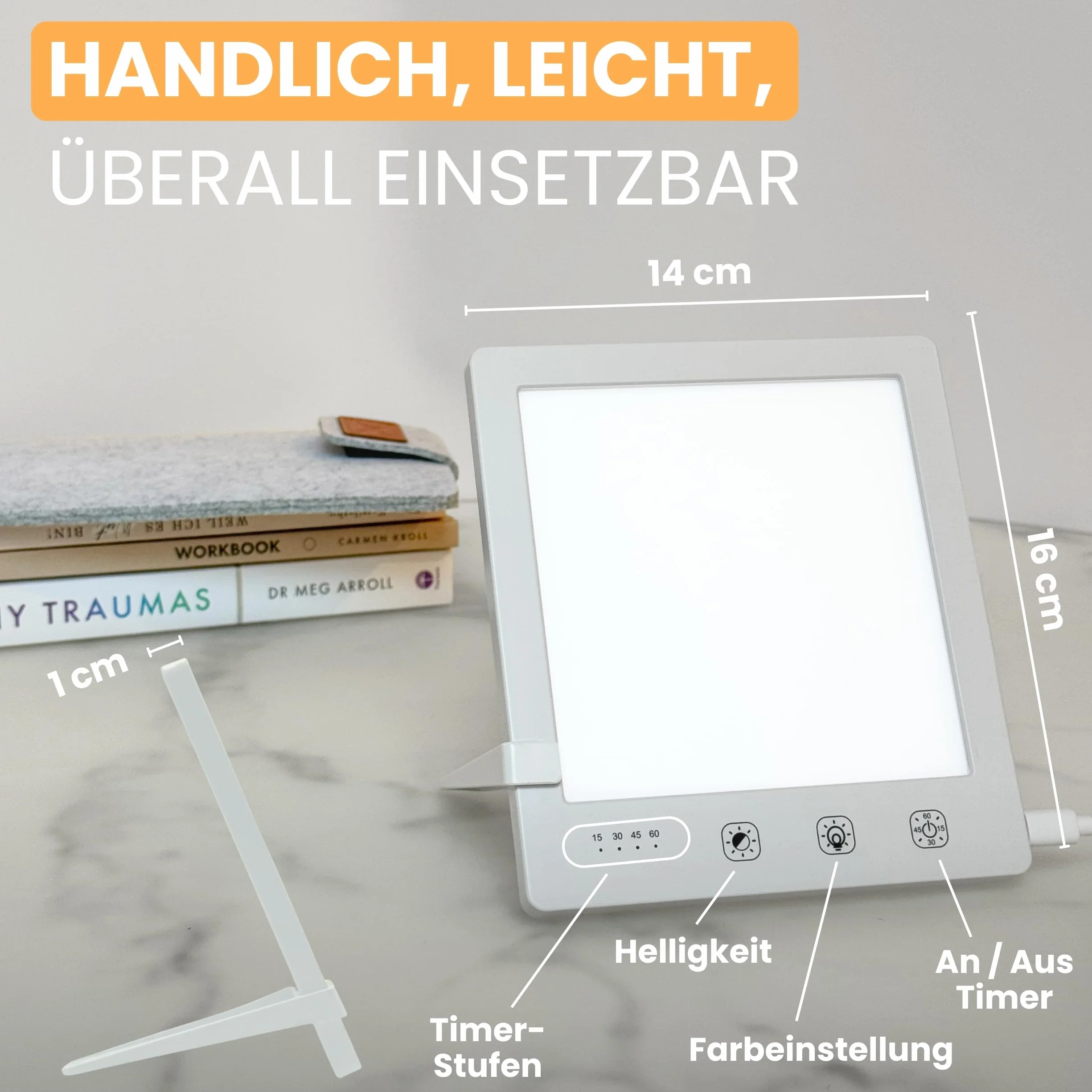 Lampa dzienna do 10 000 luksów, lampa terapeutyczna symulująca światło dzienne, lampa terapeutyczna daylight sad lamp, prysznic ze stojakiem, torbą i kablem USB-C